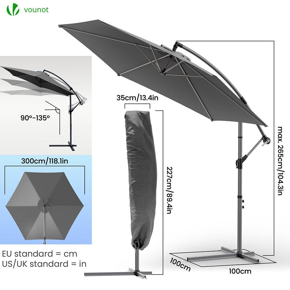 Vounot - Parasol déporté inclinable 3M avec housse de protection Gris - Inclinaison réglable - Rotatif 360° - Manivelle anti-retour - VOUNOT® - Image 6
