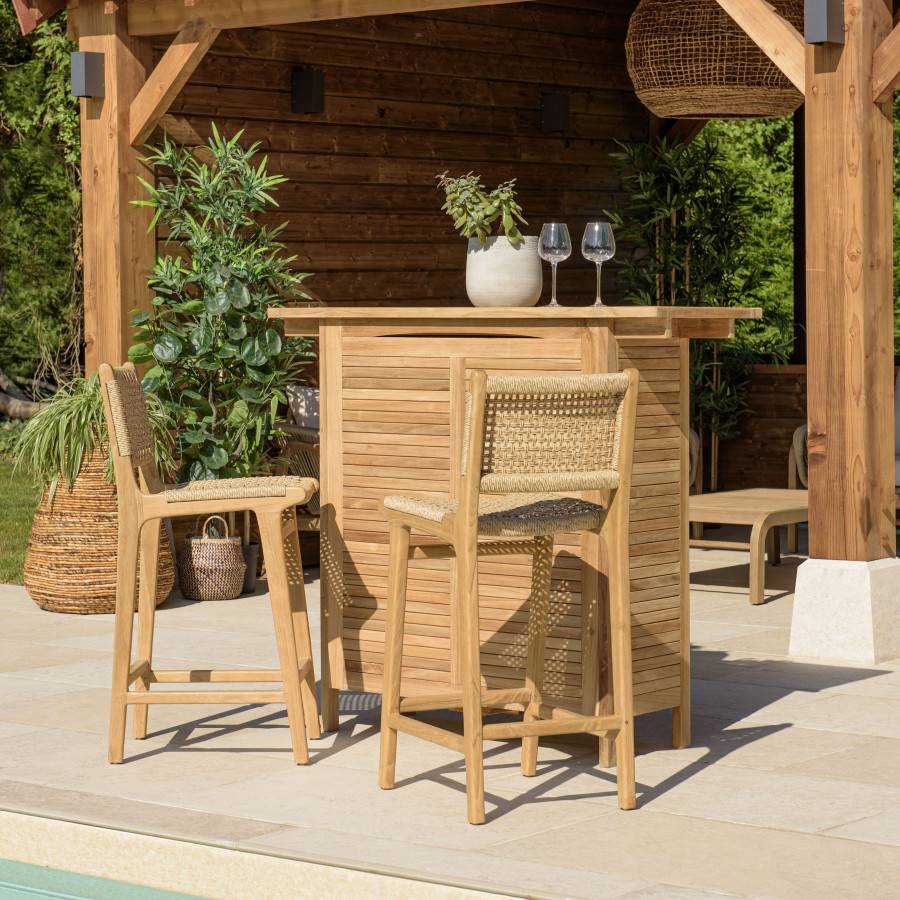 Macabane - VALERIA - Lot de 2 tabourets bar de jardin teck rotin synthétique beige - Imagen 7