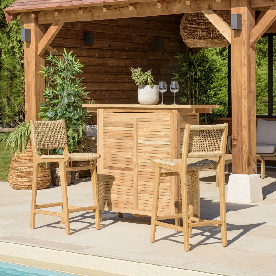 Macabane - VALERIA - Lot de 2 tabourets bar de jardin teck rotin synthétique beige - Imagen 2