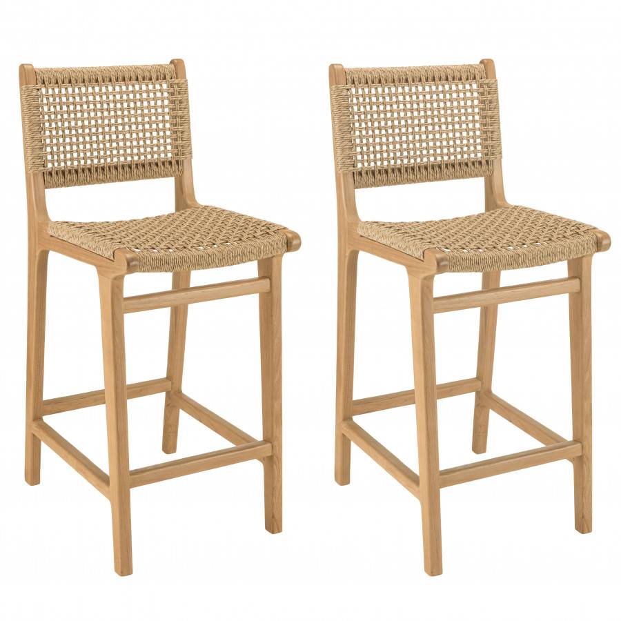 Macabane - VALERIA - Lot de 2 tabourets bar de jardin teck rotin synthétique beige - Imagen 1