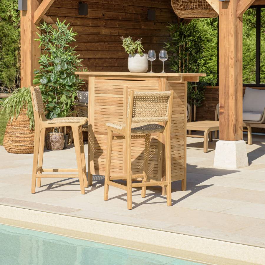 Macabane - VALERIA - Lot de 2 tabourets bar de jardin teck rotin synthétique beige - Imagen 3