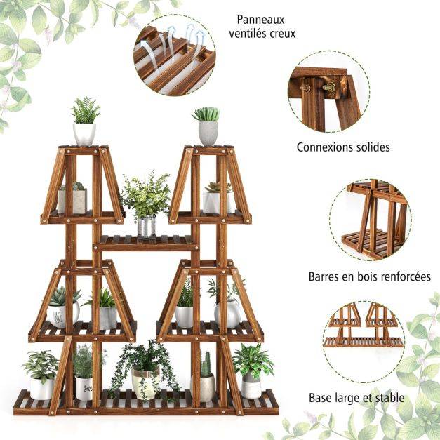 Helloshop26 - Étagère à plantes fleurs en bois de pin carbonisé porte-plante 5 niveaux conception à lattes intérieur extérieur - Imagen 3