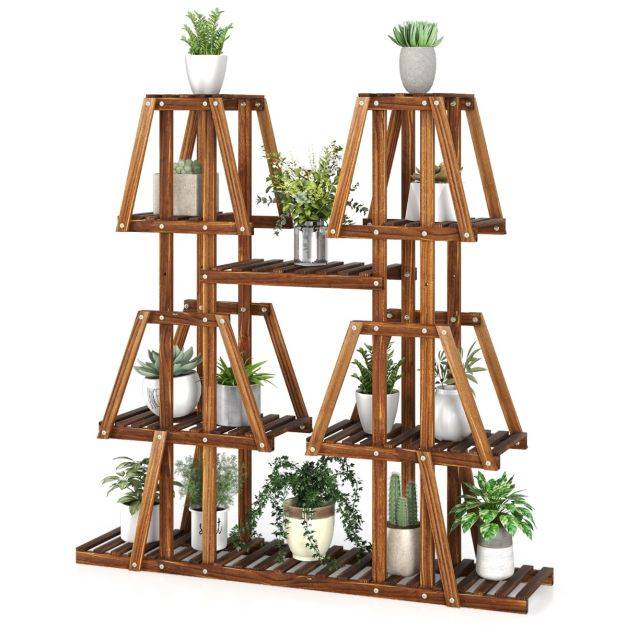 Helloshop26 - Étagère à plantes fleurs en bois de pin carbonisé porte-plante 5 niveaux conception à lattes intérieur extérieur - Imagen 2
