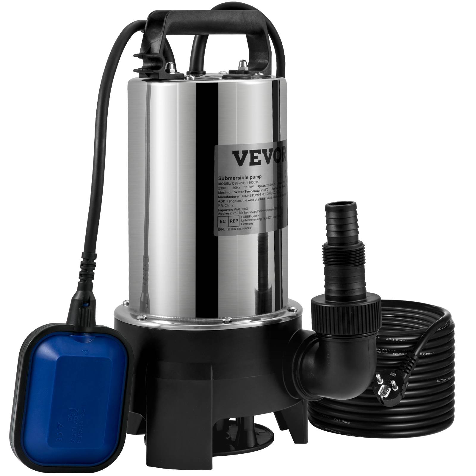 VEVOR Pompe relevage eaux chargées 1100W, 333L/min, vide cave/piscine/fosse. - Image 8