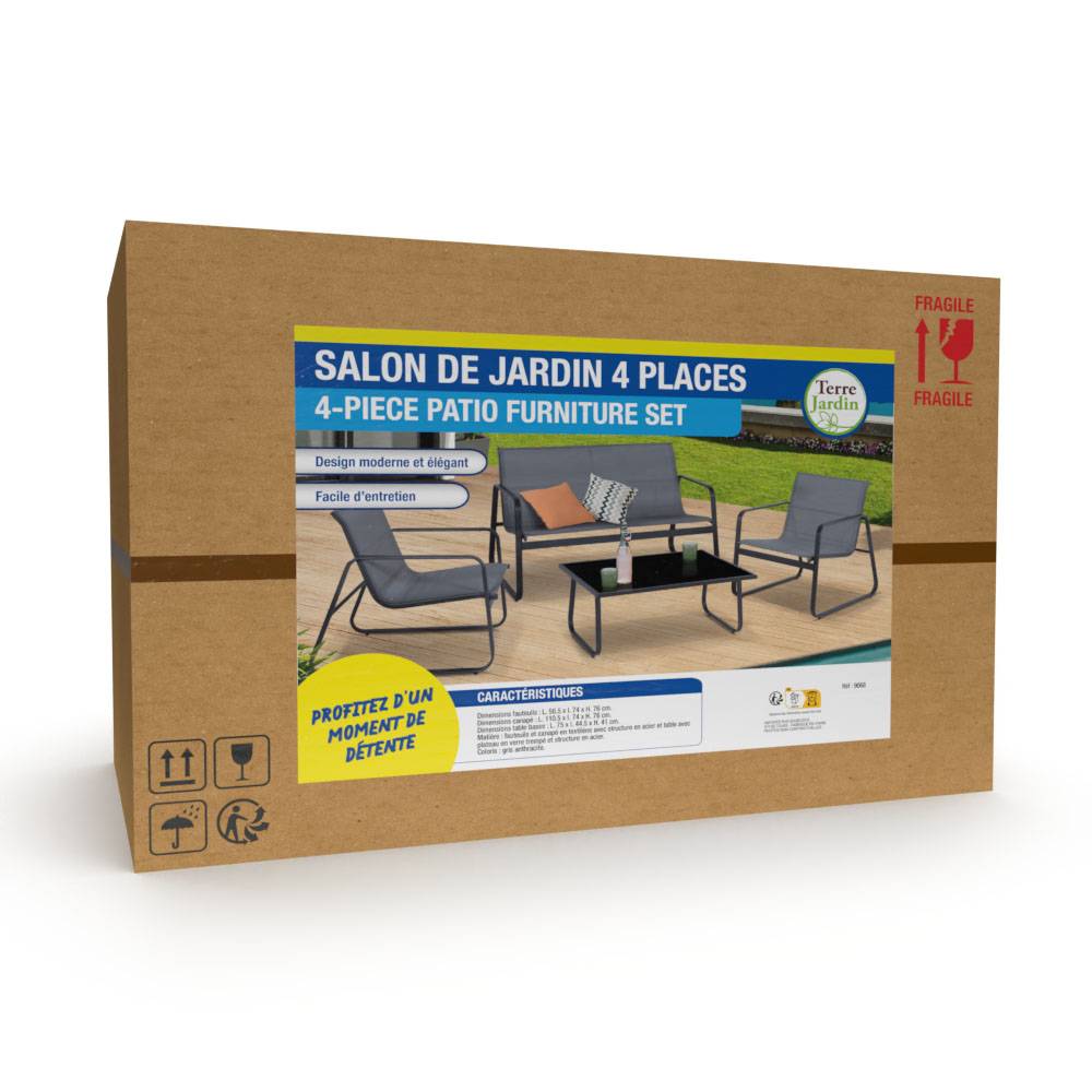 Terre Jardin - Salon de jardin 4 personnes acier et textilène "Panama" - Imagen 4