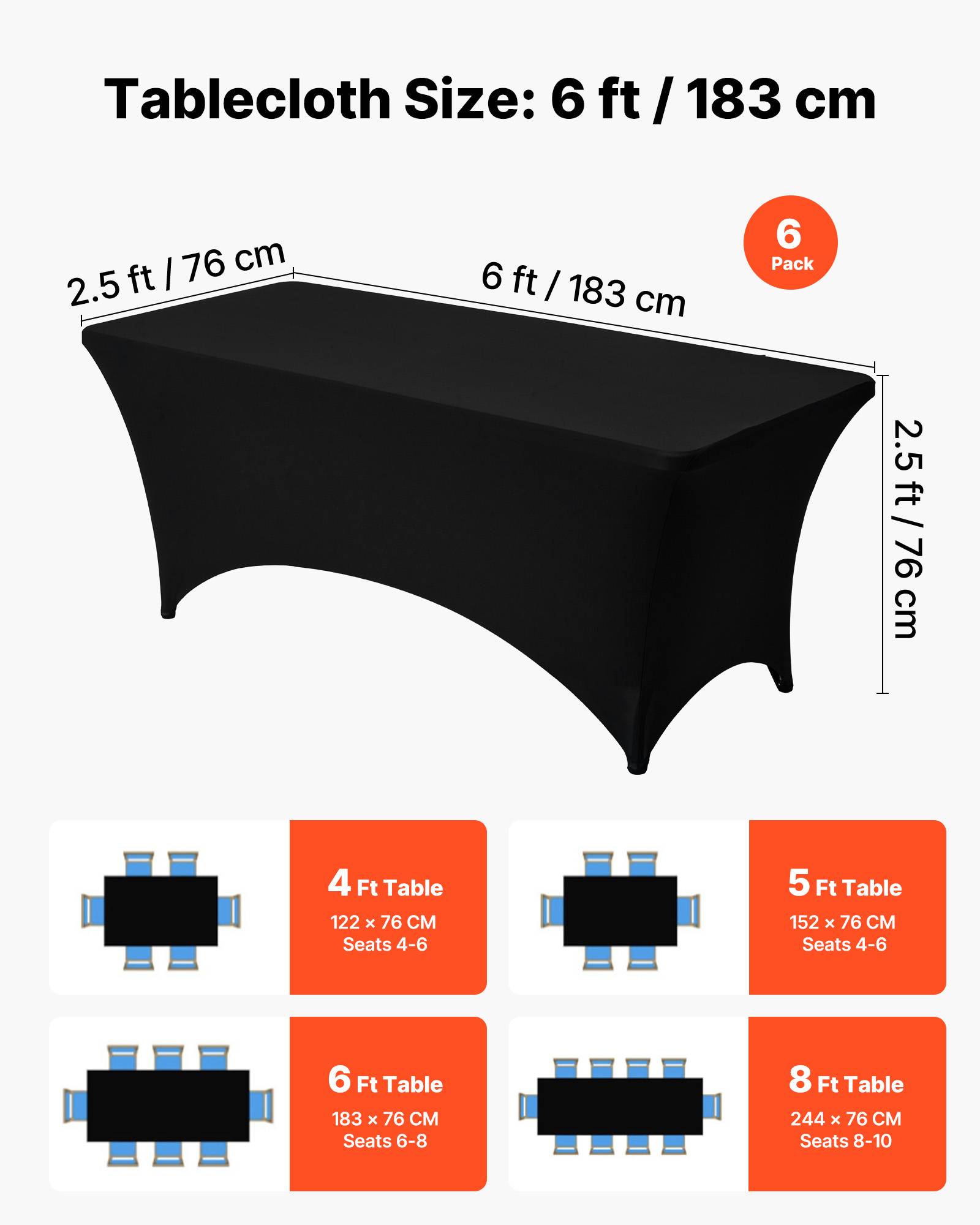 VEVOR Nappe extensible en polyester et élasthanne 183 x 76 x 76 cm 6 pcs noir - Image 4
