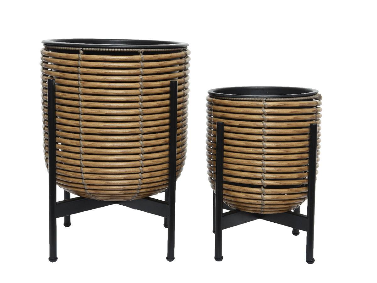 Jardideco - Lot de 2 cache-pots en polyrotin brun clair rond sur pieds - Jardideco - Imagen 1