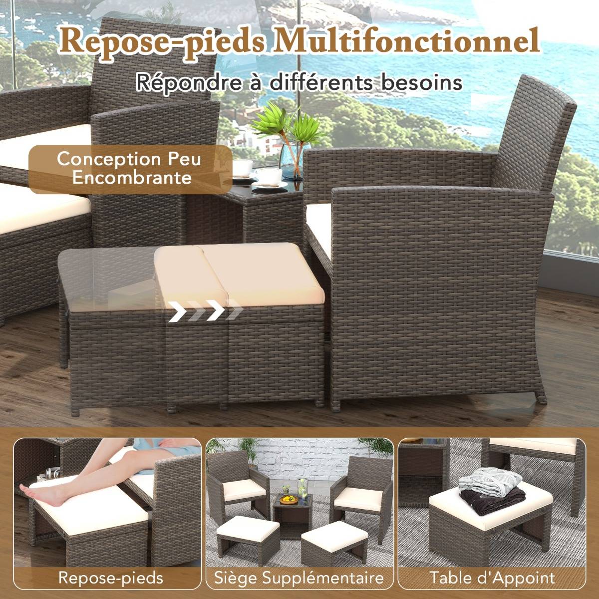 Ensemble Meuble de Salon 5PCS Salon de Jardin en Rotin PE avec Coussin pour Balcon Piscine Terrasse  Blanc - Image 9