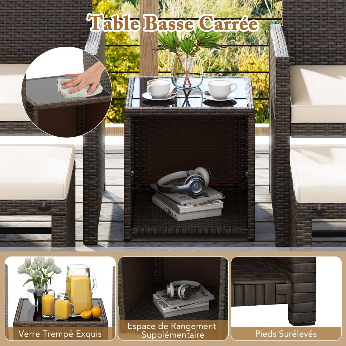 Ensemble Meuble de Salon 5PCS Salon de Jardin en Rotin PE avec Coussin pour Balcon Piscine Terrasse  Blanc - Image 6