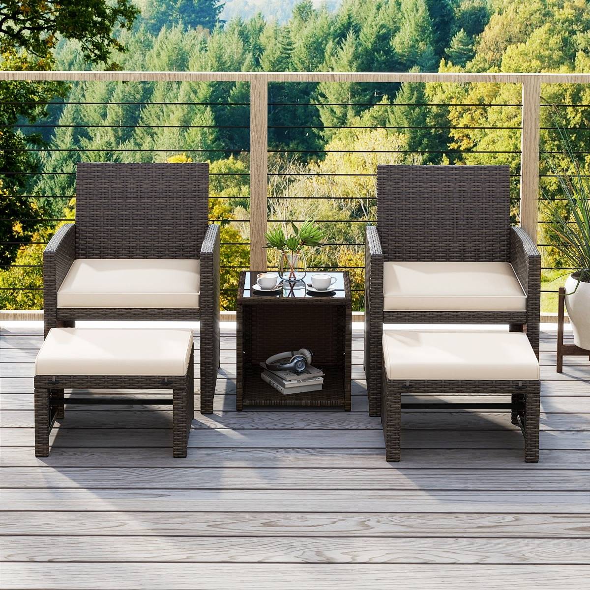 Ensemble Meuble de Salon 5PCS Salon de Jardin en Rotin PE avec Coussin pour Balcon Piscine Terrasse  Blanc - Image 4