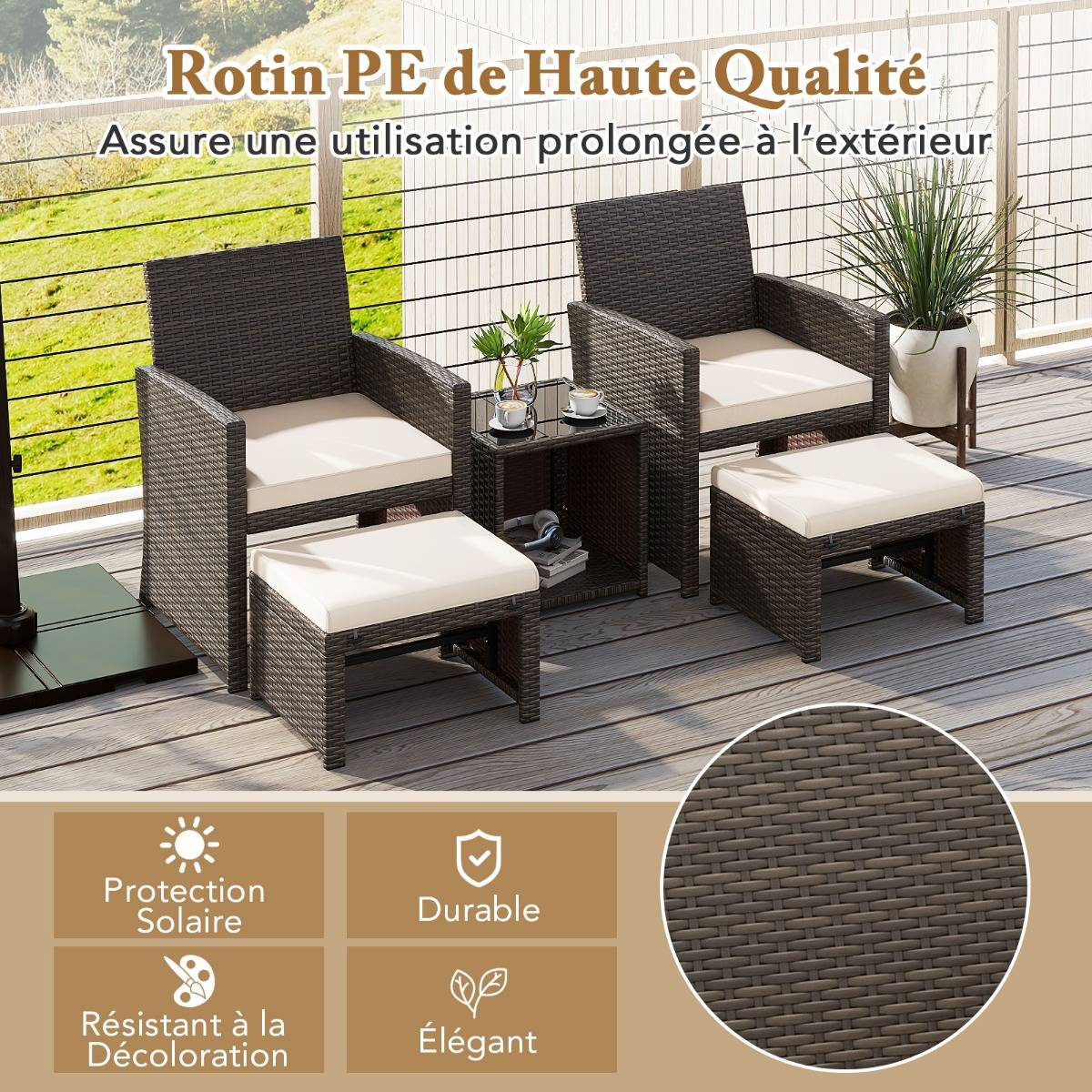 Ensemble Meuble de Salon 5PCS Salon de Jardin en Rotin PE avec Coussin pour Balcon Piscine Terrasse  Blanc - Image 8