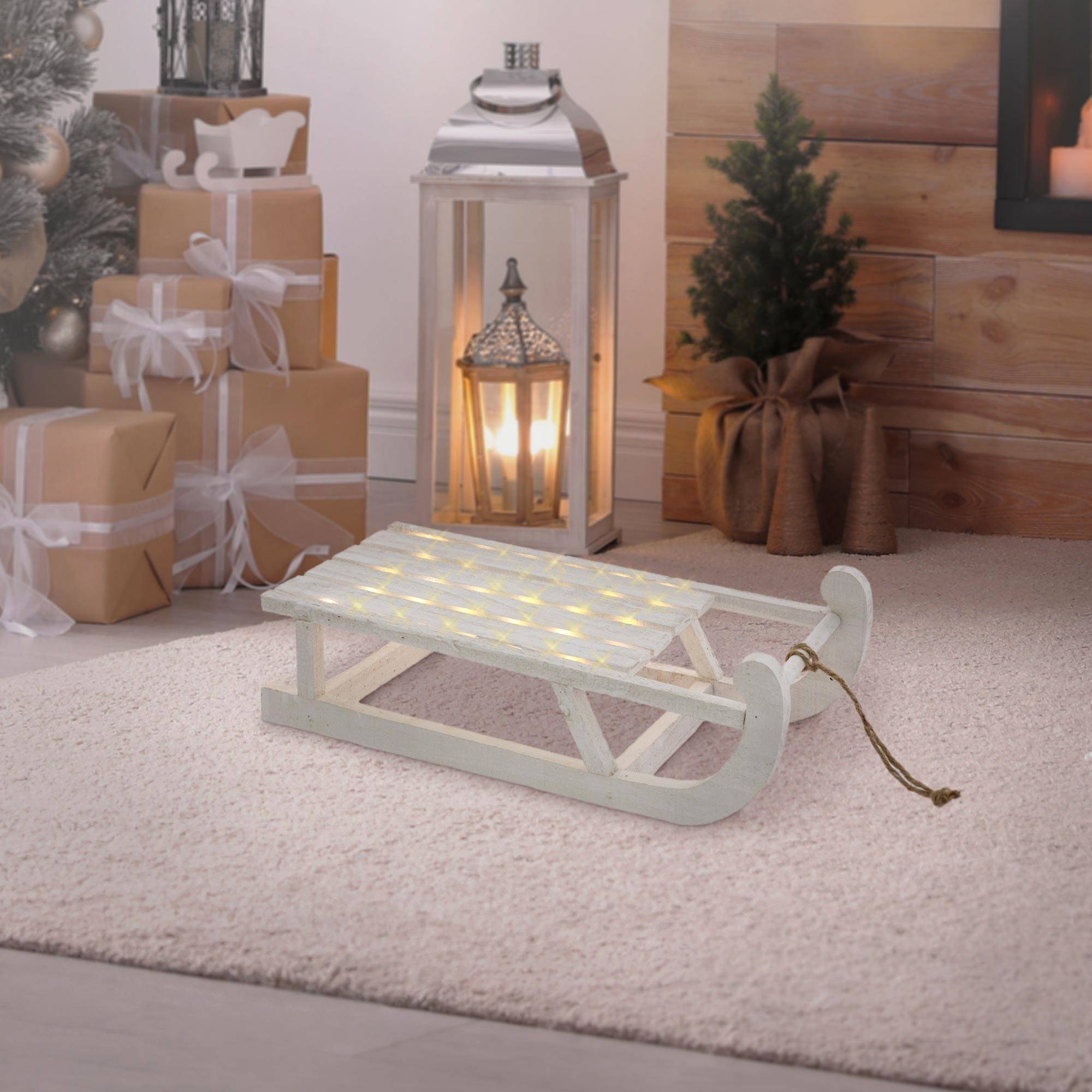Ecd-Germany - Traineau décoratif de Noël en bois blanc décoration avec LEDs blanc chaud 50,5cm - Imagen 7