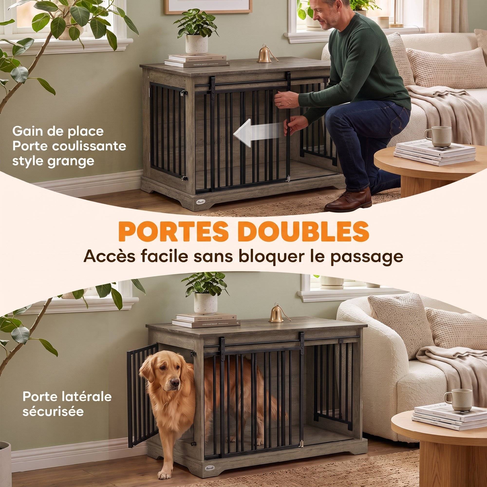 ComfortXL - Cage pour chien en acier et panneaux mélaminés gris 100 x 60 x 68 cm avec porte coulissante et table d'appoint - Image 5