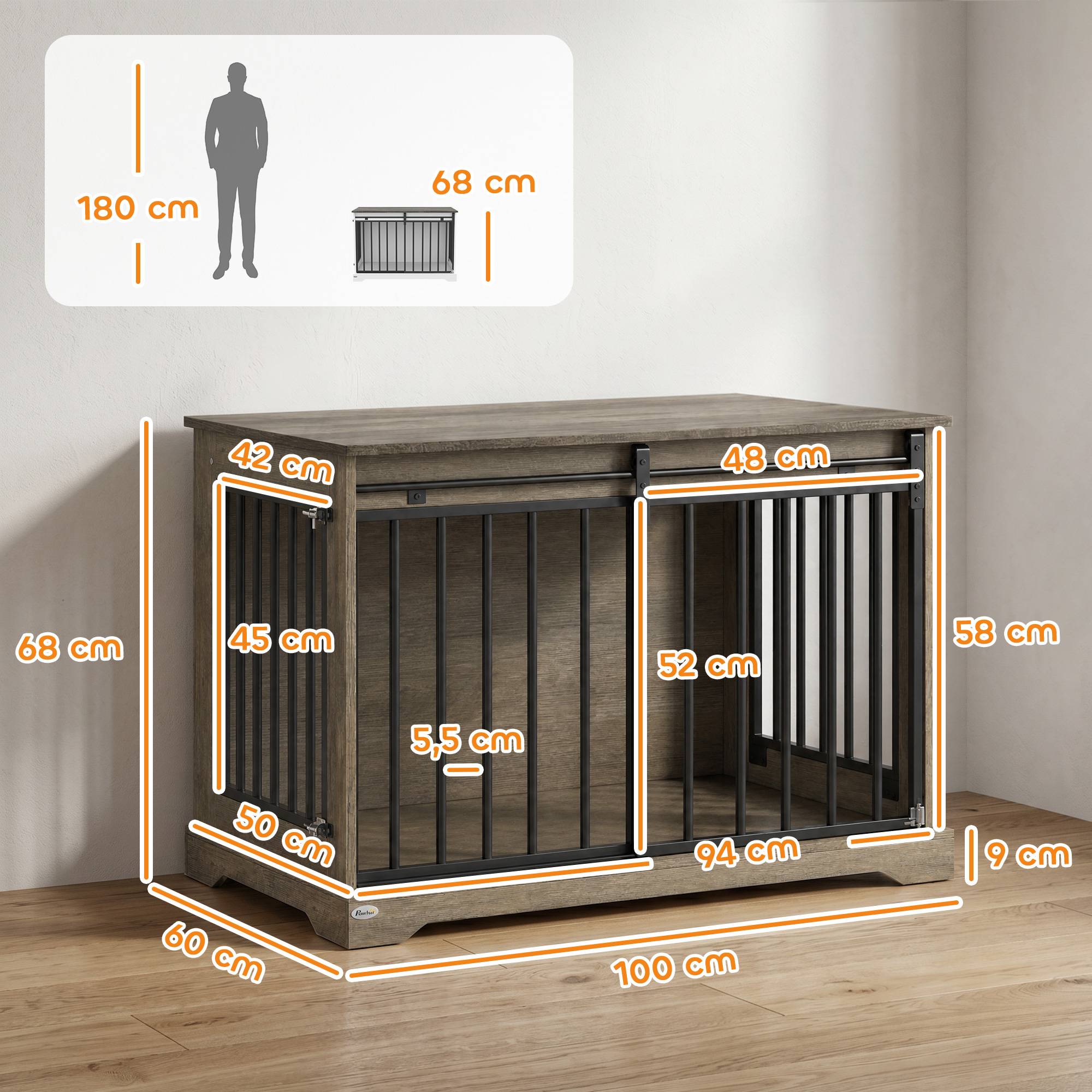 ComfortXL - Cage pour chien en acier et panneaux mélaminés gris 100 x 60 x 68 cm avec porte coulissante et table d'appoint - Image 3