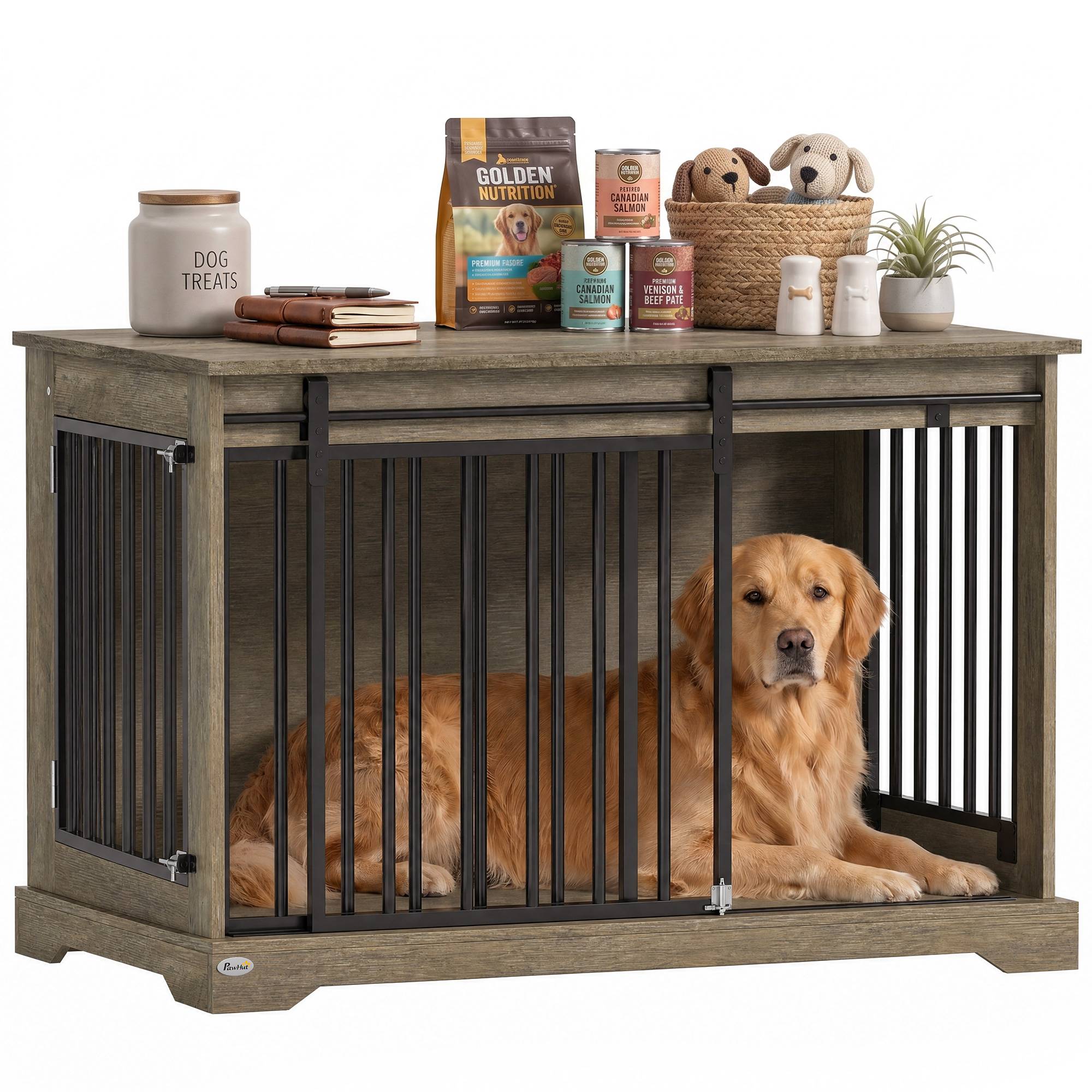 ComfortXL - Cage pour chien en acier et panneaux mélaminés gris 100 x 60 x 68 cm avec porte coulissante et table d'appoint - Image 2