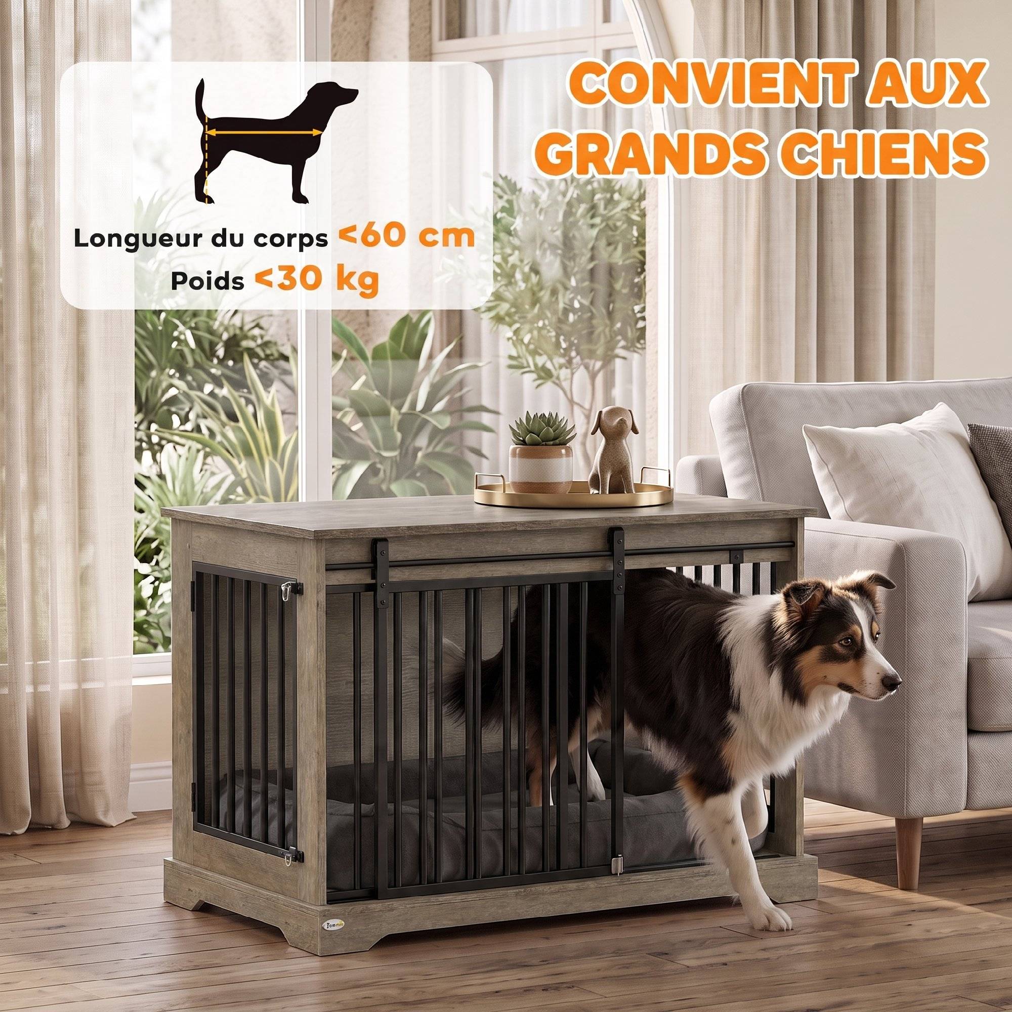 ComfortXL - Cage pour chien en acier et panneaux mélaminés gris 100 x 60 x 68 cm avec porte coulissante et table d'appoint - Image 4