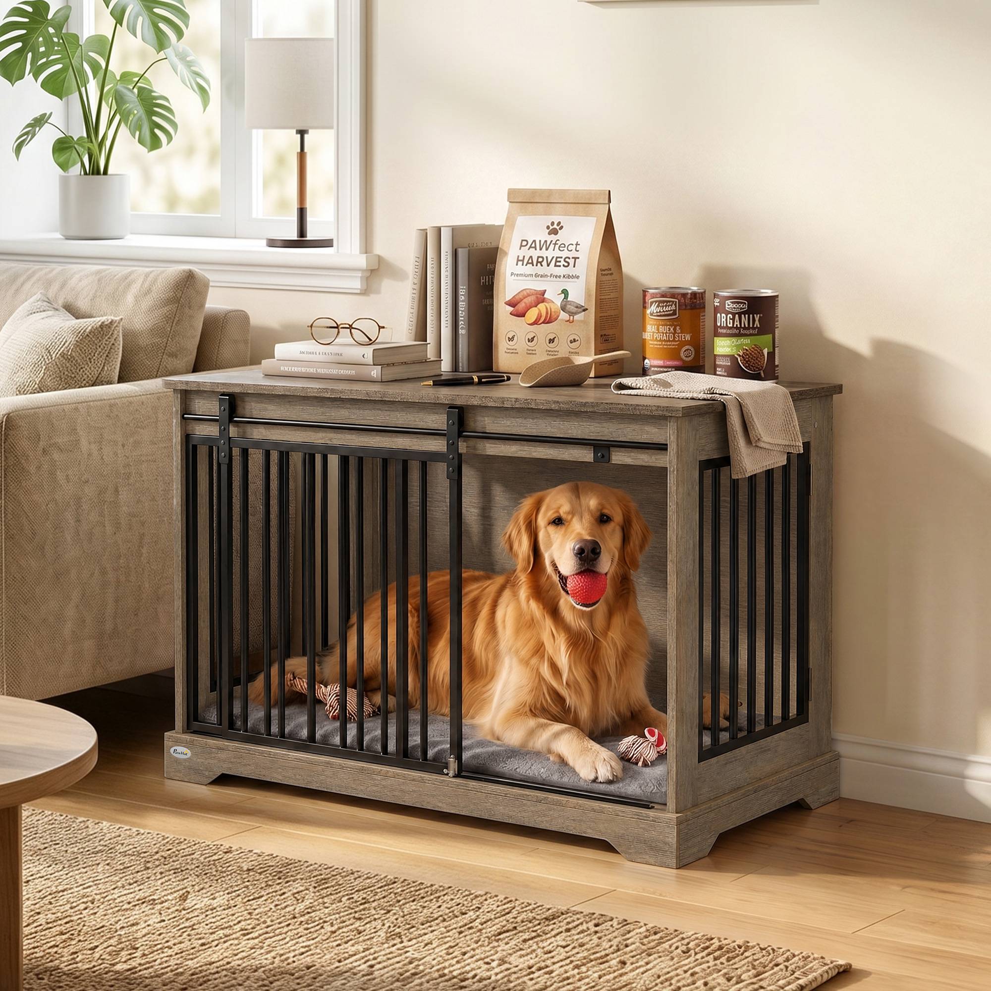 ComfortXL - Cage pour chien en acier et panneaux mélaminés gris 100 x 60 x 68 cm avec porte coulissante et table d'appoint - Image 1