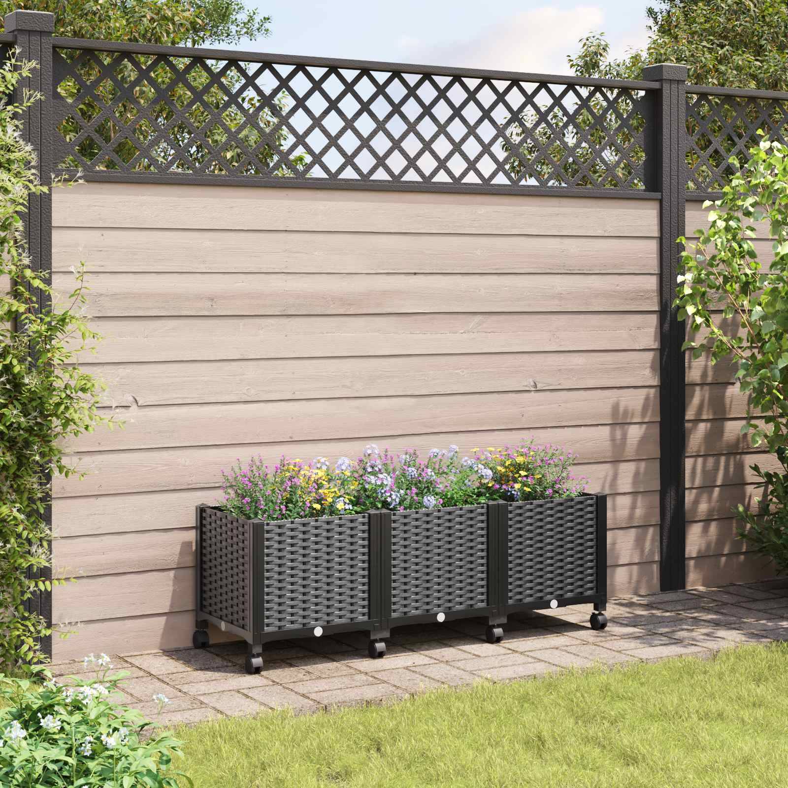 ComfortXL - Grand bac plante surélevé roulettes terrasse jardin extérieur 120x40x44cm noir - ComfortXL Outdoor Living - Image 1
