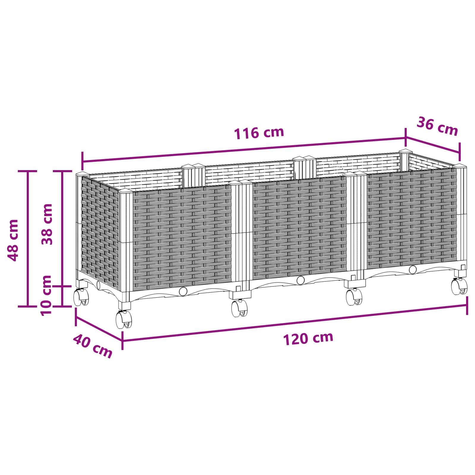 ComfortXL - Grand bac plante surélevé roulettes terrasse jardin extérieur 120x40x44cm noir - ComfortXL Outdoor Living - Image 8