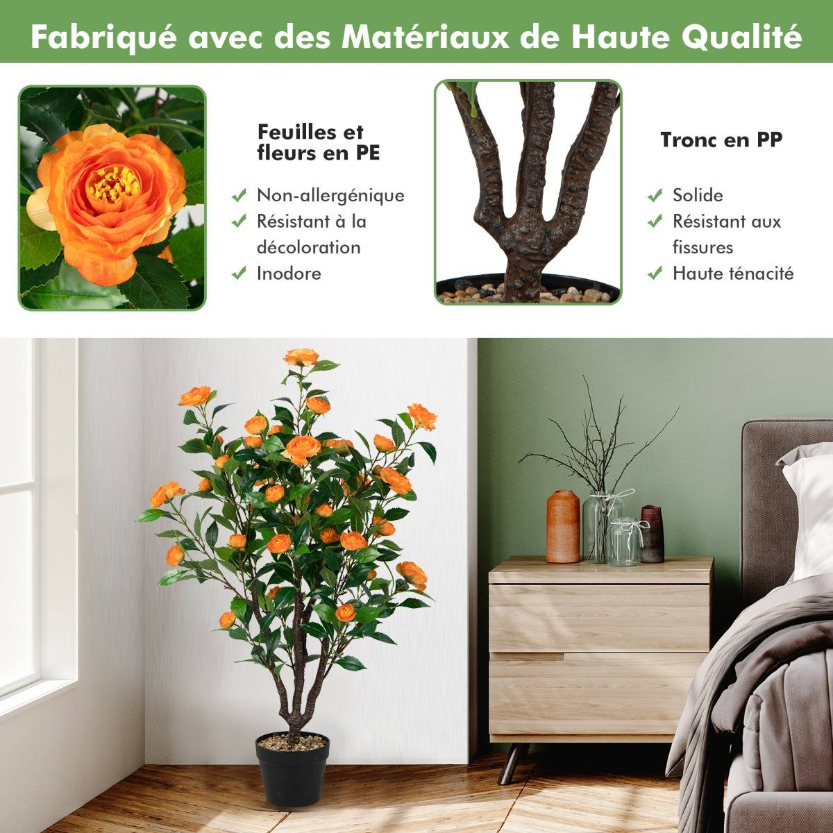 Fleur Artificielle Camélia 37 Têtes Résistantes aux UV 100 cm avec Pot Déco de Maison Nuptiale de Noce - Image 6