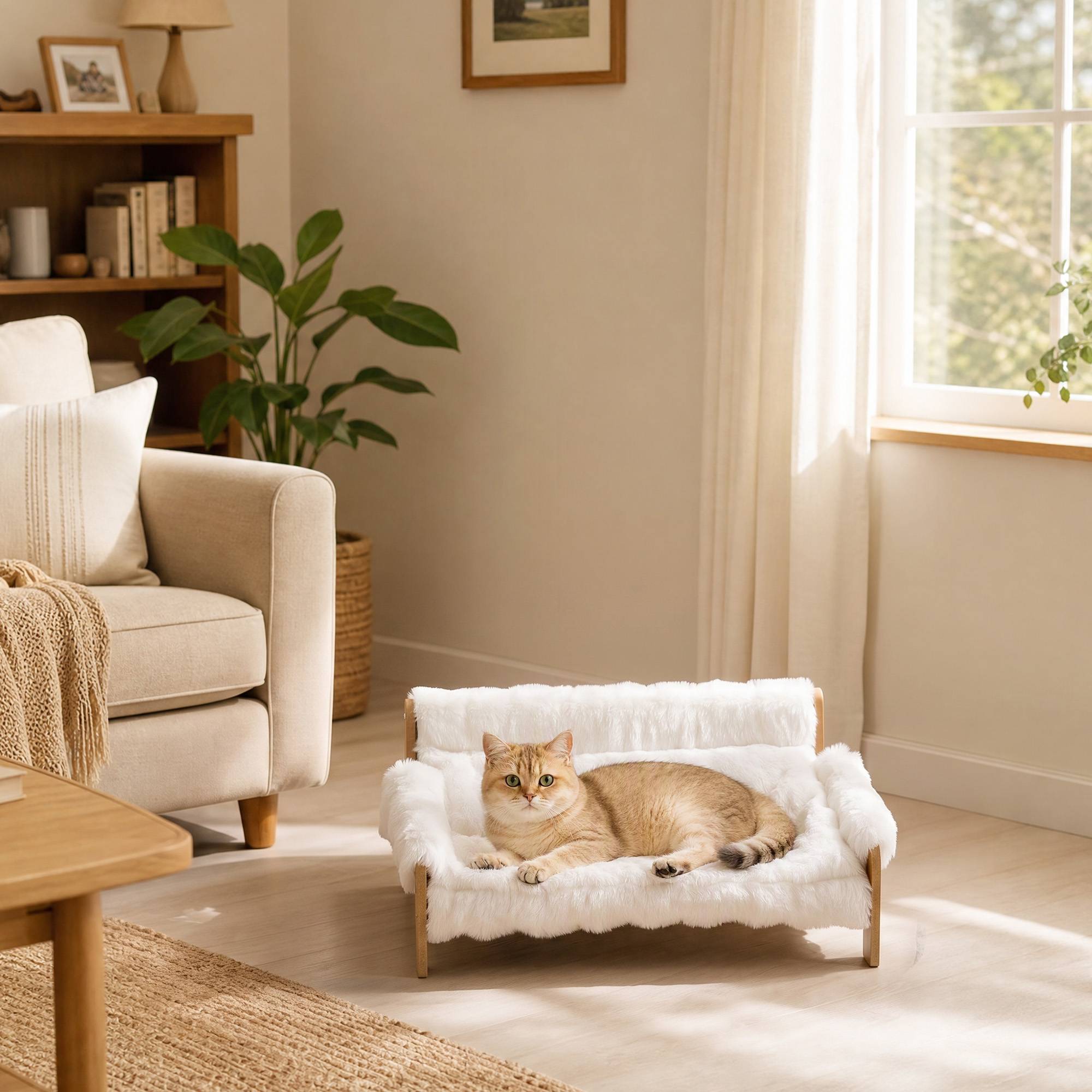 ComfortXL - Canapé pour chien et chat en MDF et peluche blanche 70 x 47 x 30 cm pour intérieur avec coussin amovible - Image 9