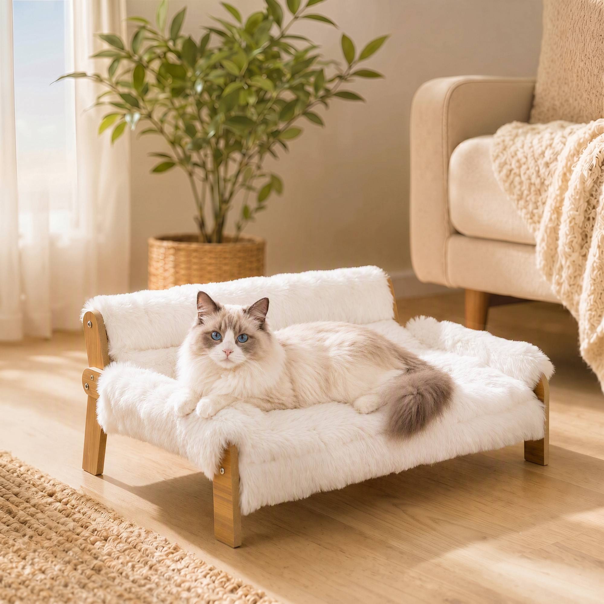 ComfortXL - Canapé pour chien et chat en MDF et peluche blanche 70 x 47 x 30 cm pour intérieur avec coussin amovible - Image 1