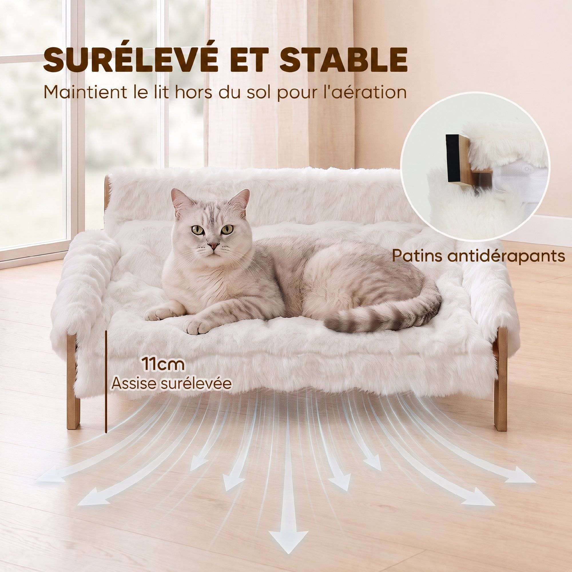 ComfortXL - Canapé pour chien et chat en MDF et peluche blanche 70 x 47 x 30 cm pour intérieur avec coussin amovible - Image 7