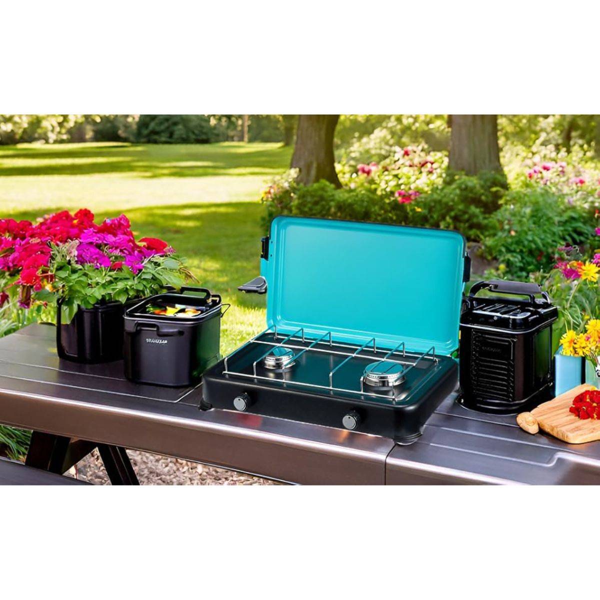 Plaque de cuisson gaz portable 2 feux 2350W Table de Cuisson Butane/Propane Bruleurs inox Couvercle amovible INTEC - Imagen 3