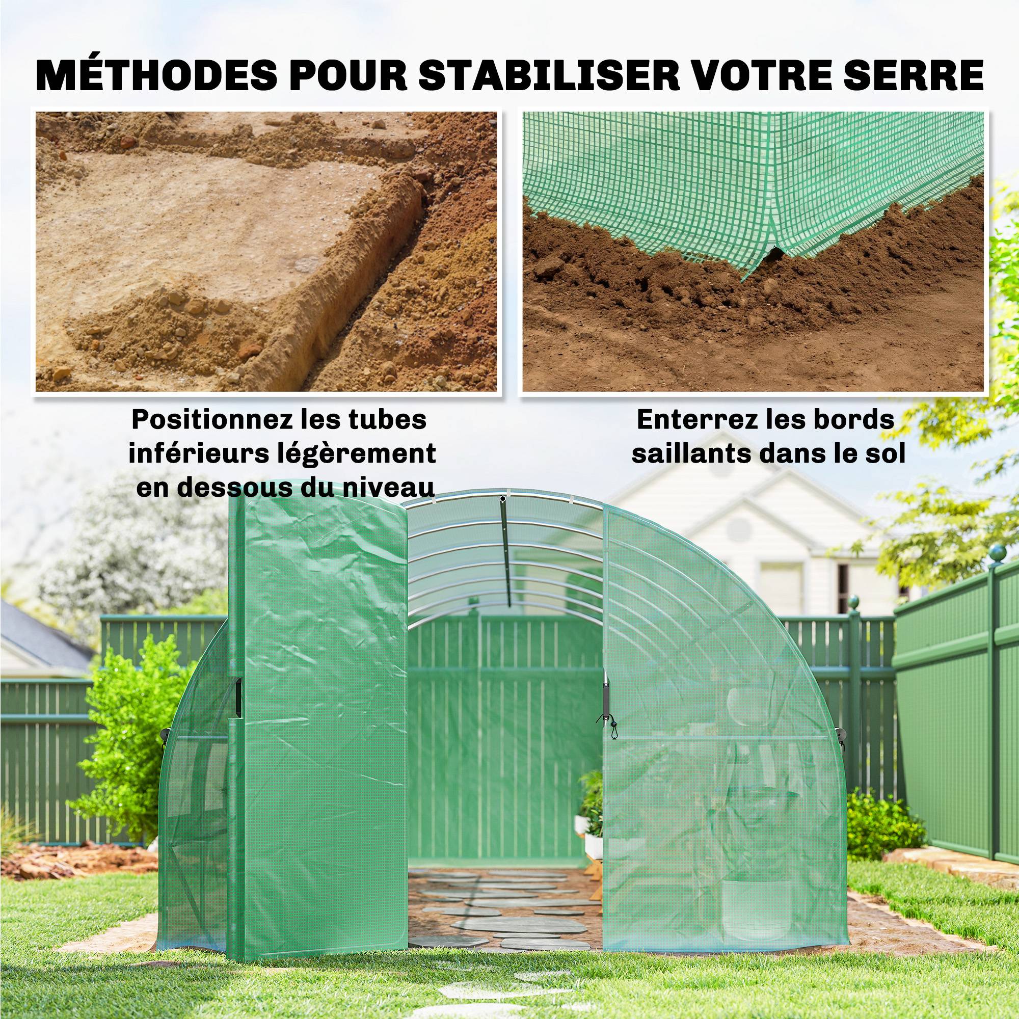 Serre tunnel de jardin 18m², serre de jardin tunnel avec portes et 12 fenêtres avec moustiquaires, 295x597x200cm, vert - Image 10
