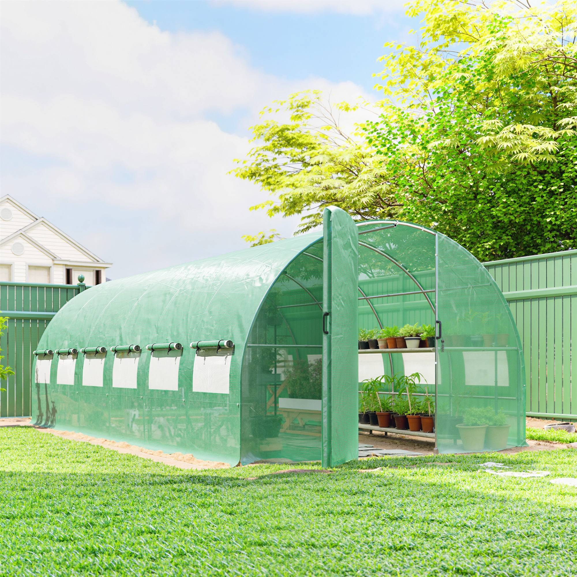 Serre tunnel de jardin 18m², serre de jardin tunnel avec portes et 12 fenêtres avec moustiquaires, 295x597x200cm, vert - Image 4