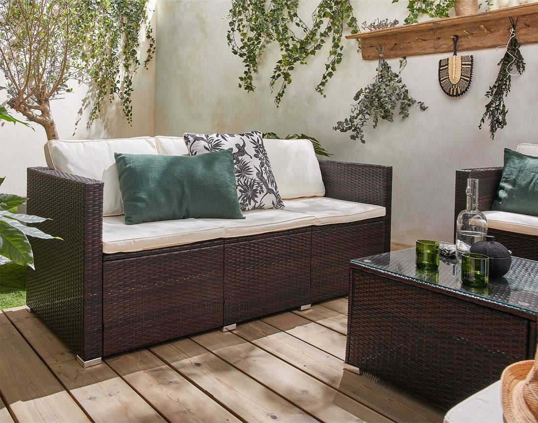 Best Mobilier - Wanaka - salon bas de jardin 5 places - résine tressée et coussins beiges - Best Mobilier - Imagen 3