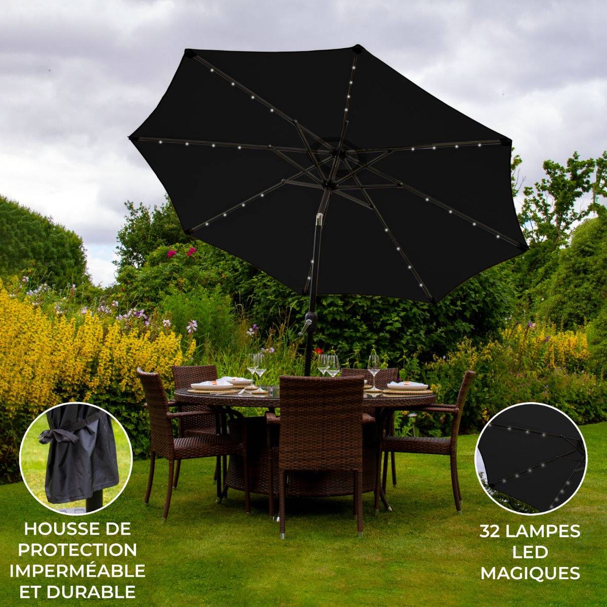 Monstershop - Parasol Noir 270 cm avec 32 LED's Intégrés - Imagen 2