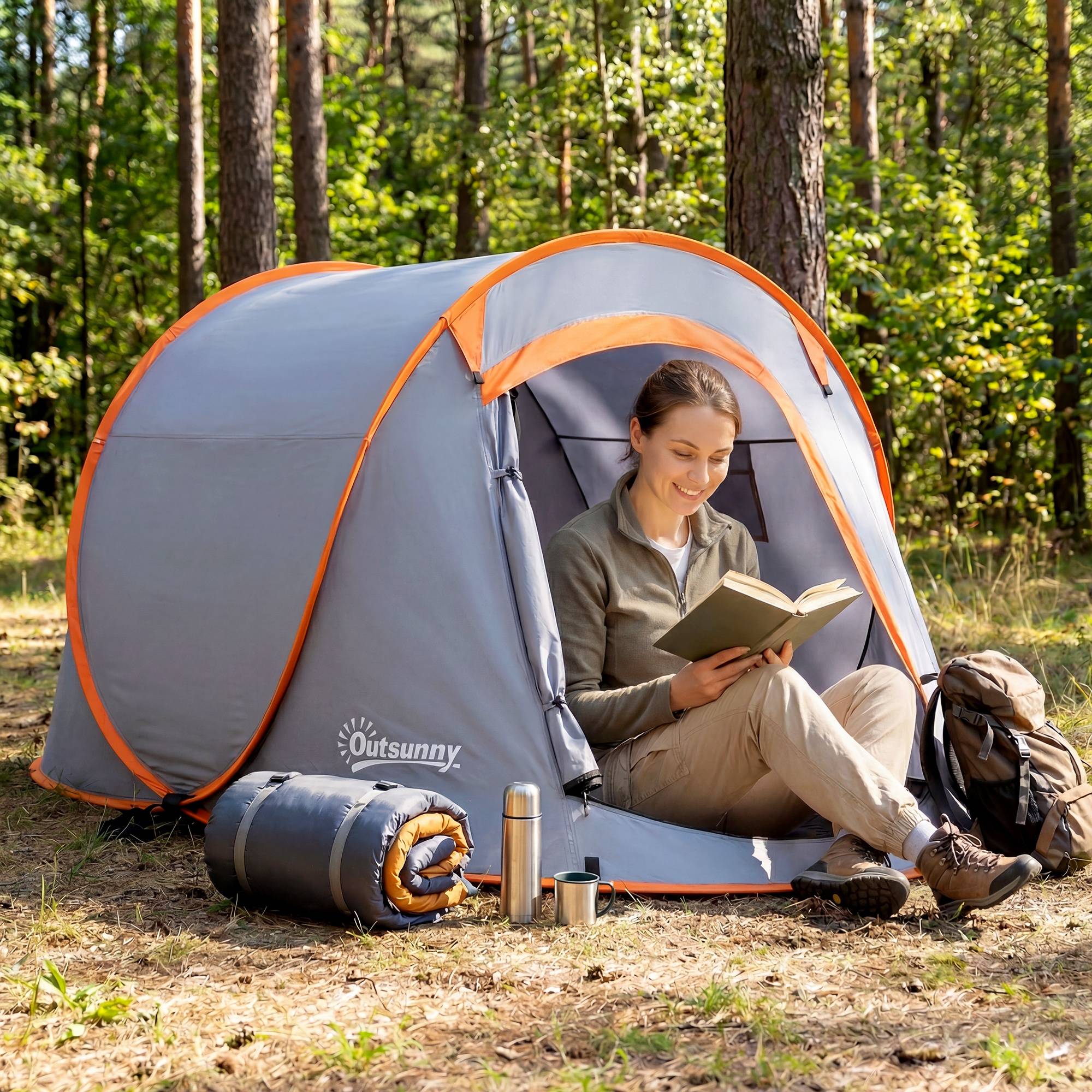 Tente pliante pliable pour 2 à 3 personnes, imperméable (2000 mm), avec sac de transport, 245 x 148 x 105 cm, grise - Image 4