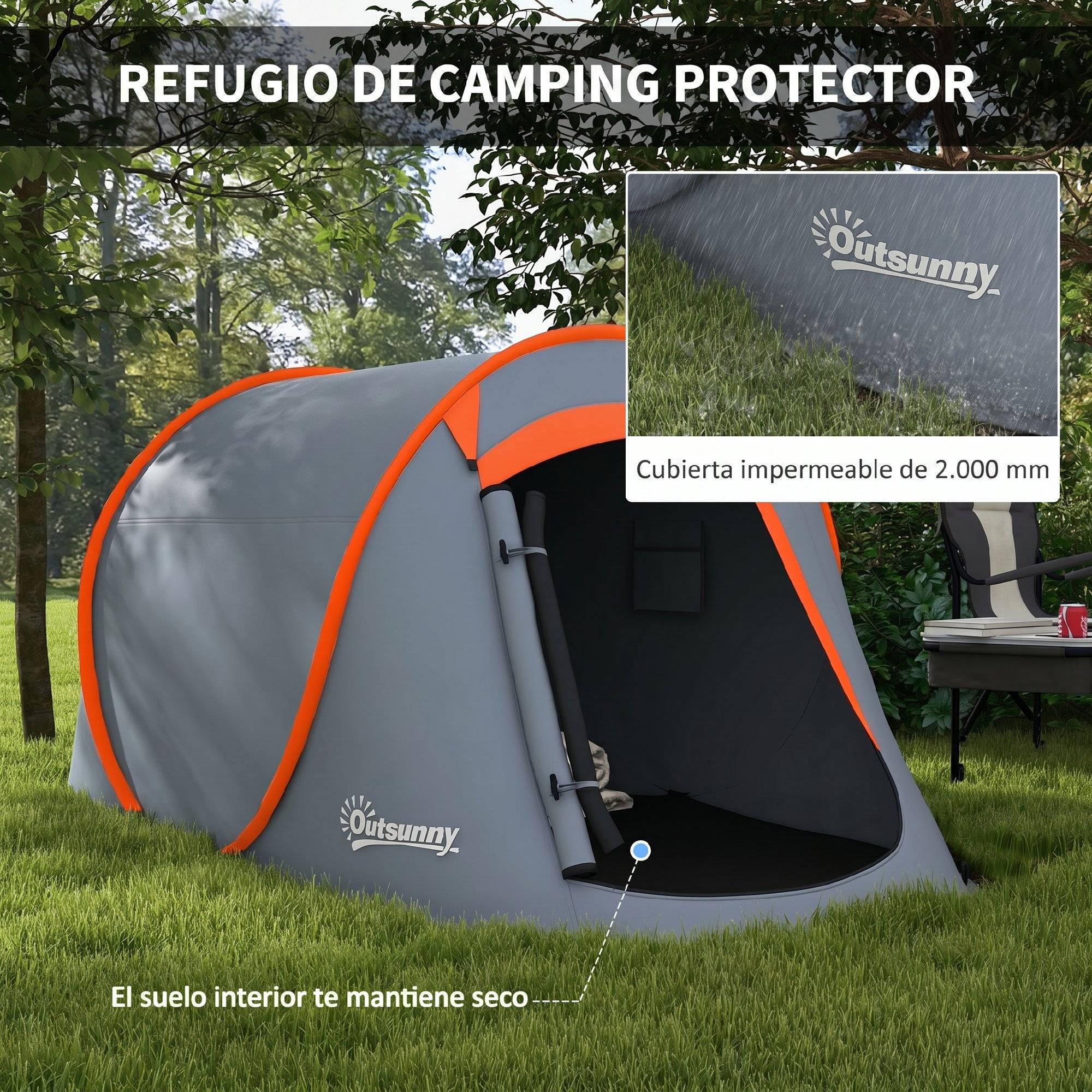 Tente pliante pliable pour 2 à 3 personnes, imperméable (2000 mm), avec sac de transport, 245 x 148 x 105 cm, grise - Image 7