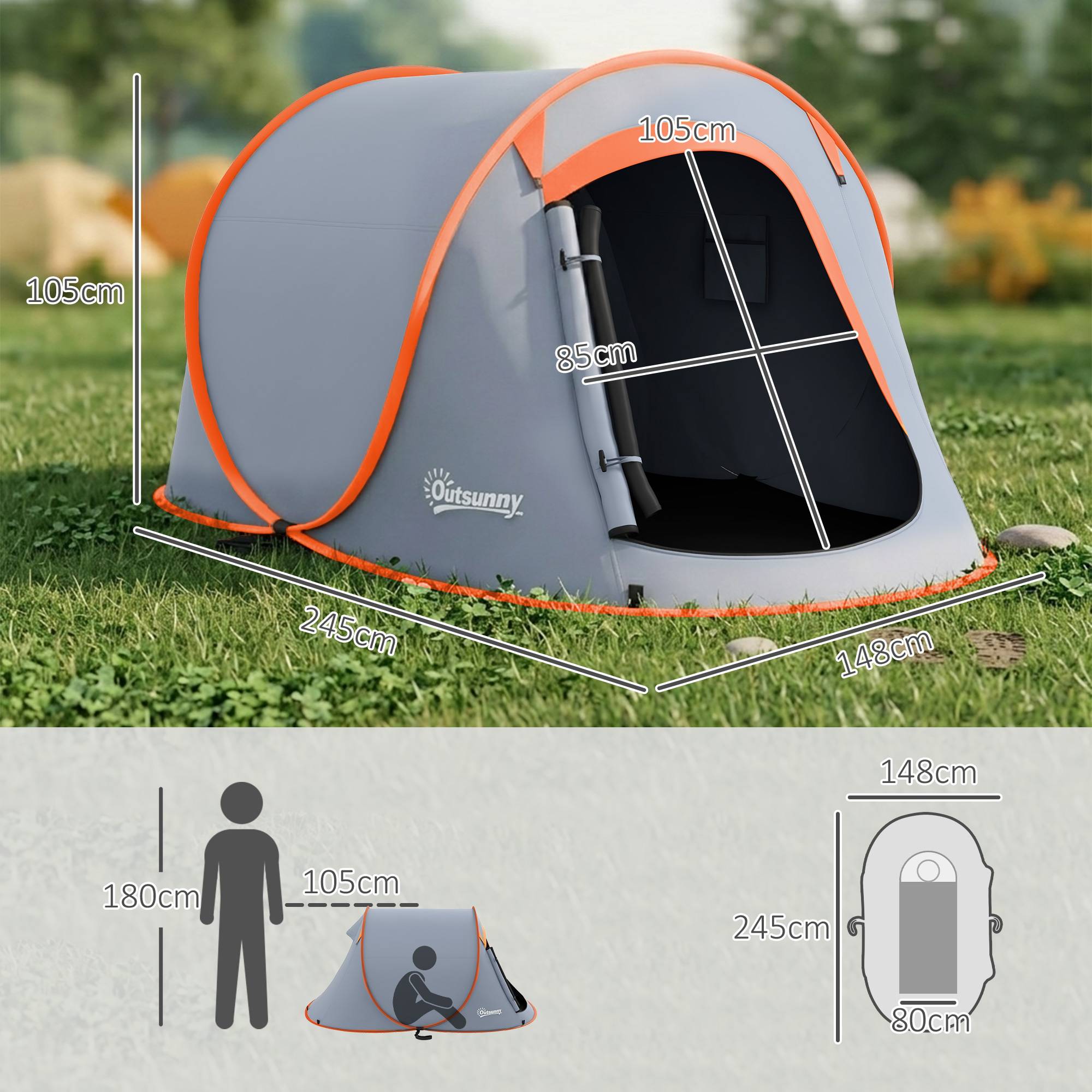 Tente pliante pliable pour 2 à 3 personnes, imperméable (2000 mm), avec sac de transport, 245 x 148 x 105 cm, grise - Image 5