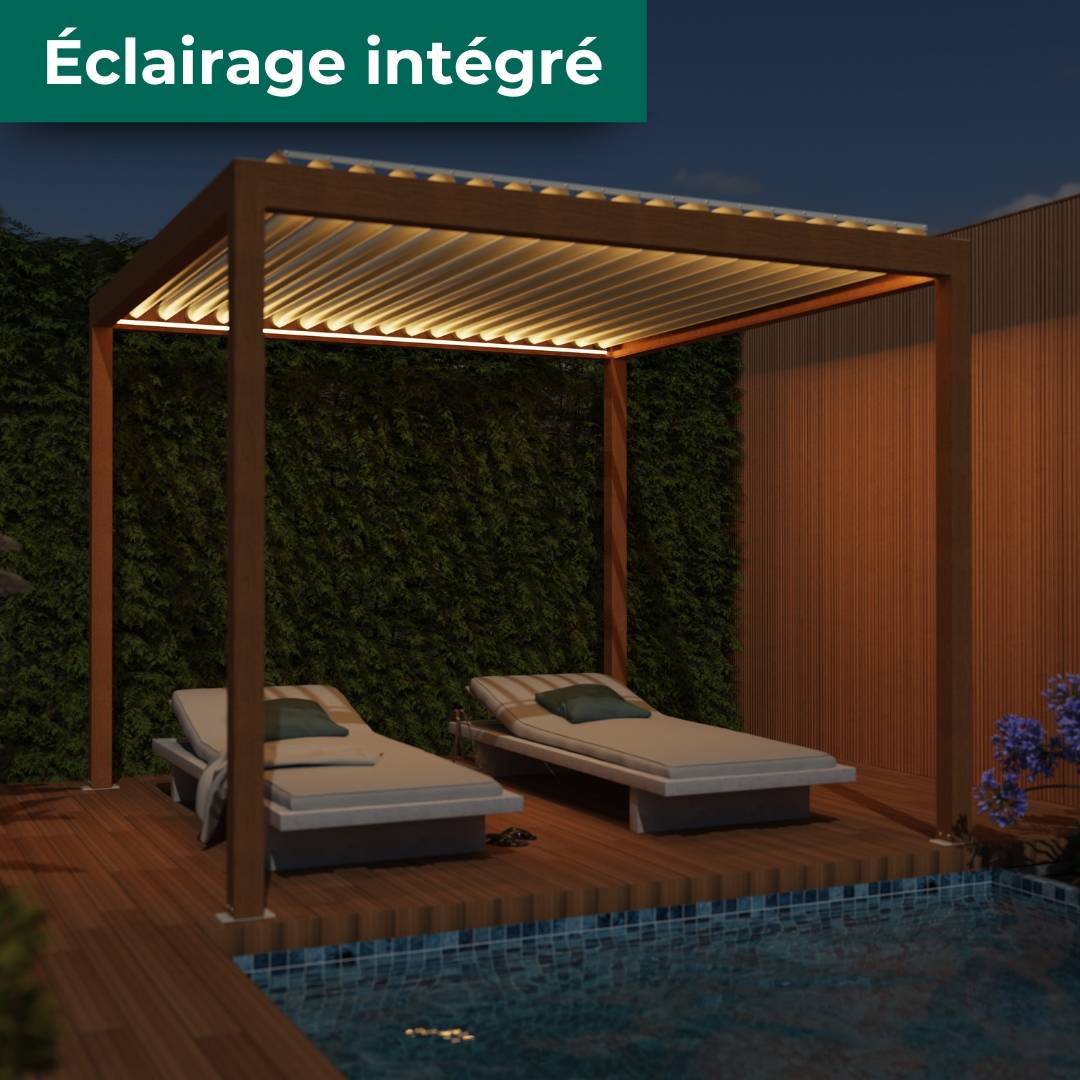 Pergola Bioclimatique Autoportante Motorisée Éclairée Aluminium 3x3 Aspect Bois SV ORIAL France - Image 3