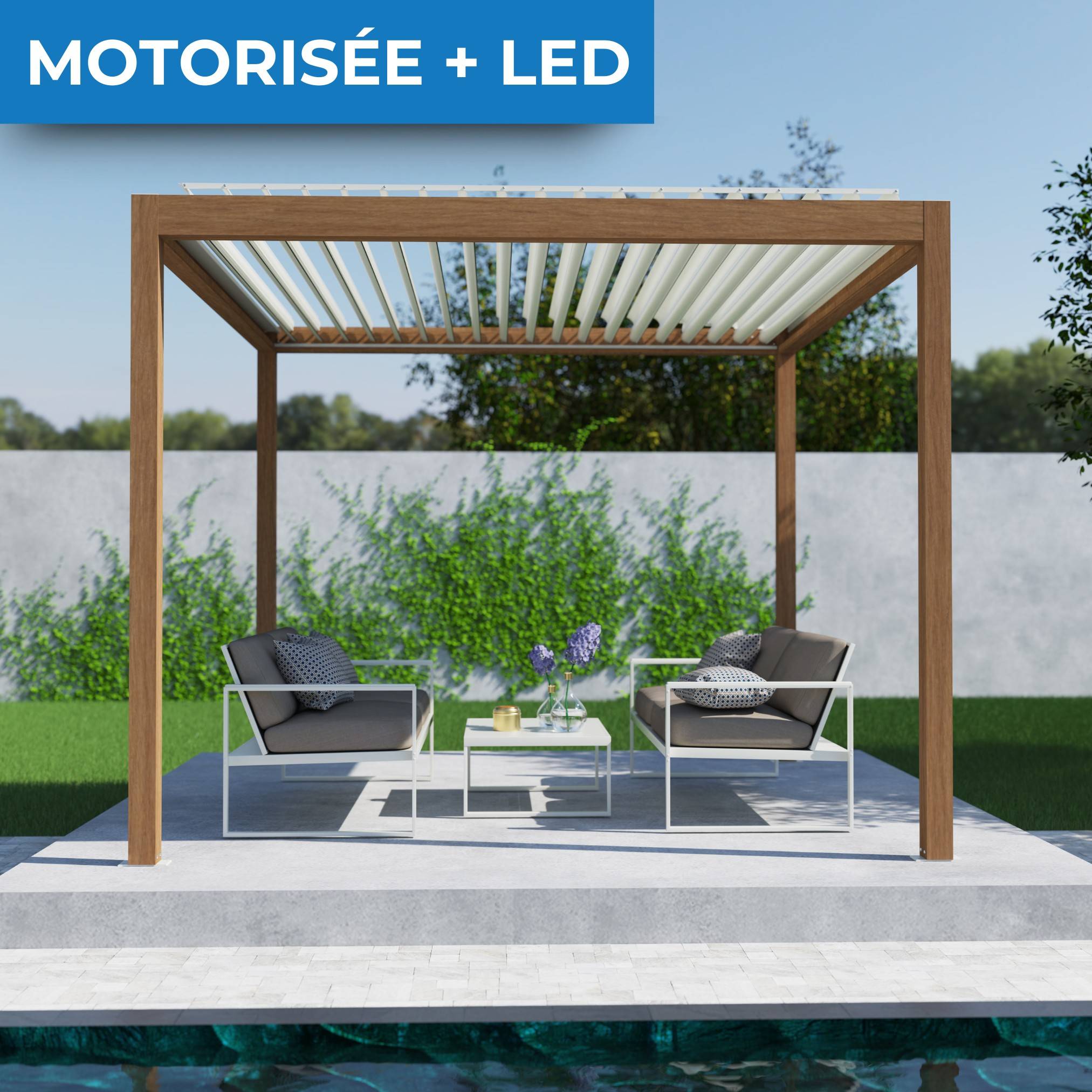 Pergola Bioclimatique Autoportante Motorisée Éclairée Aluminium 3x3 Aspect Bois SV ORIAL France - Image 1