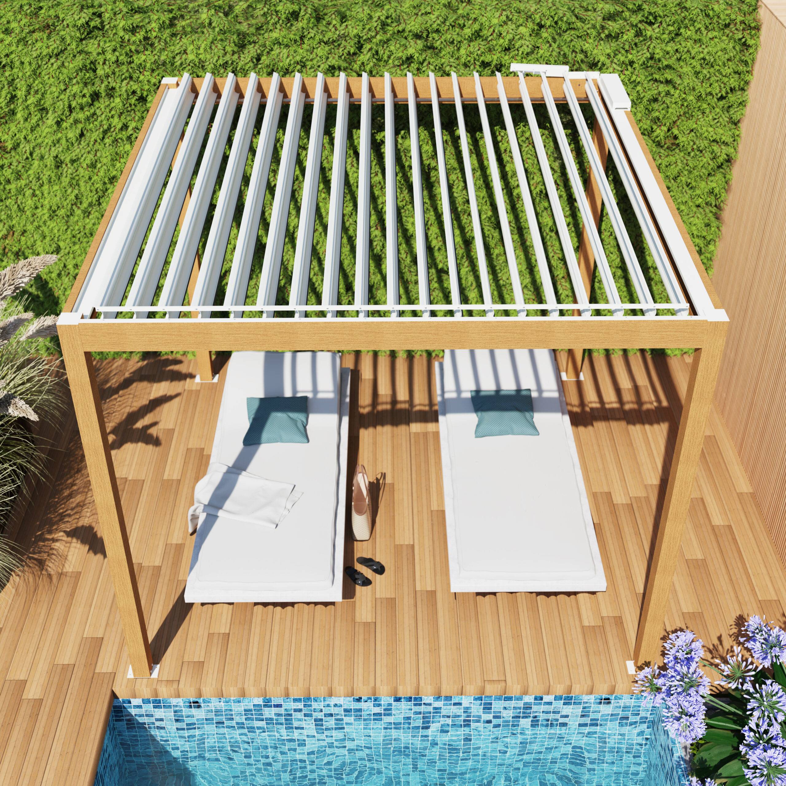 Pergola Bioclimatique Autoportante Motorisée Éclairée Aluminium 3x3 Aspect Bois SV ORIAL France - Image 5