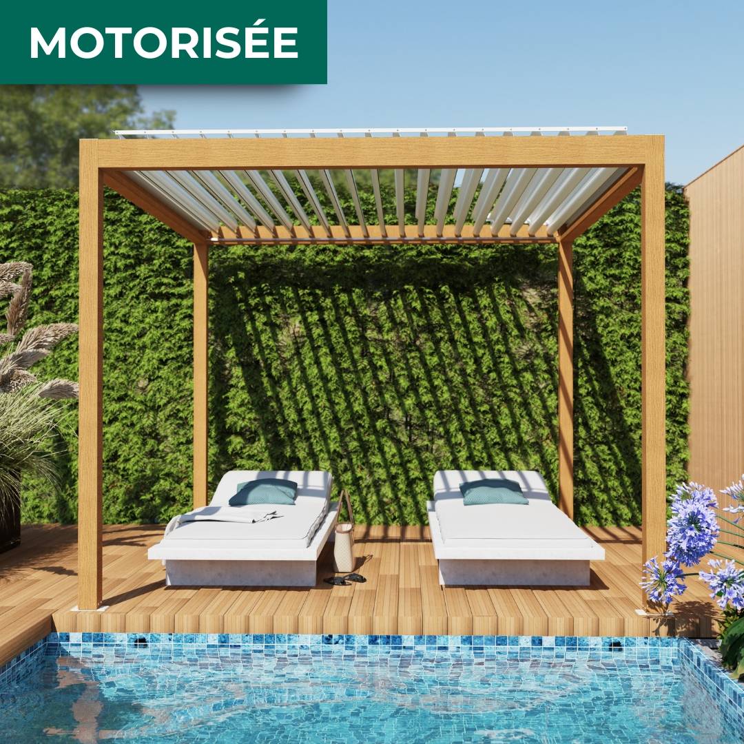Pergola Bioclimatique Autoportante Motorisée Éclairée Aluminium 3x3 Aspect Bois SV ORIAL France - Image 4