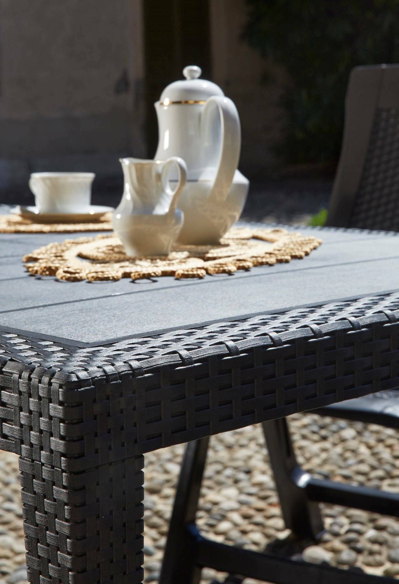 Dmora - Table d'extérieur Dmachac, Étagère à manger rectangulaire, Table de jardin polyvalente effet rotin, 150x90h72 cm, Anthracite - Dmora - Imagen 4
