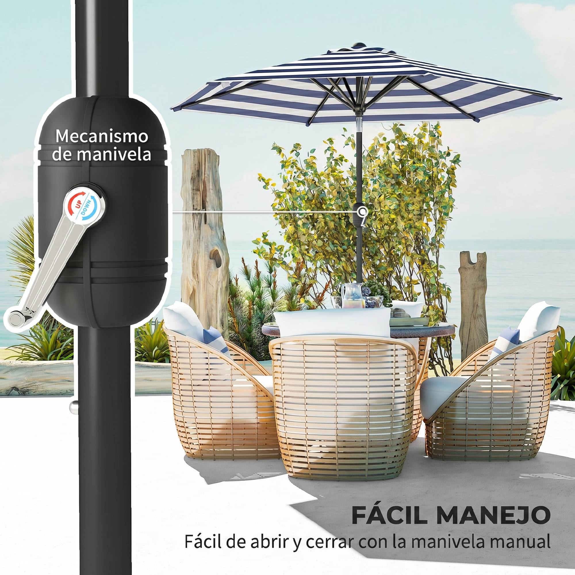 Parasol de jardin Ø230 x 216 cm, ouverture manuelle, angle réglable et imperméable, pour terrasse et piscine, bleu et blanc. - Image 6