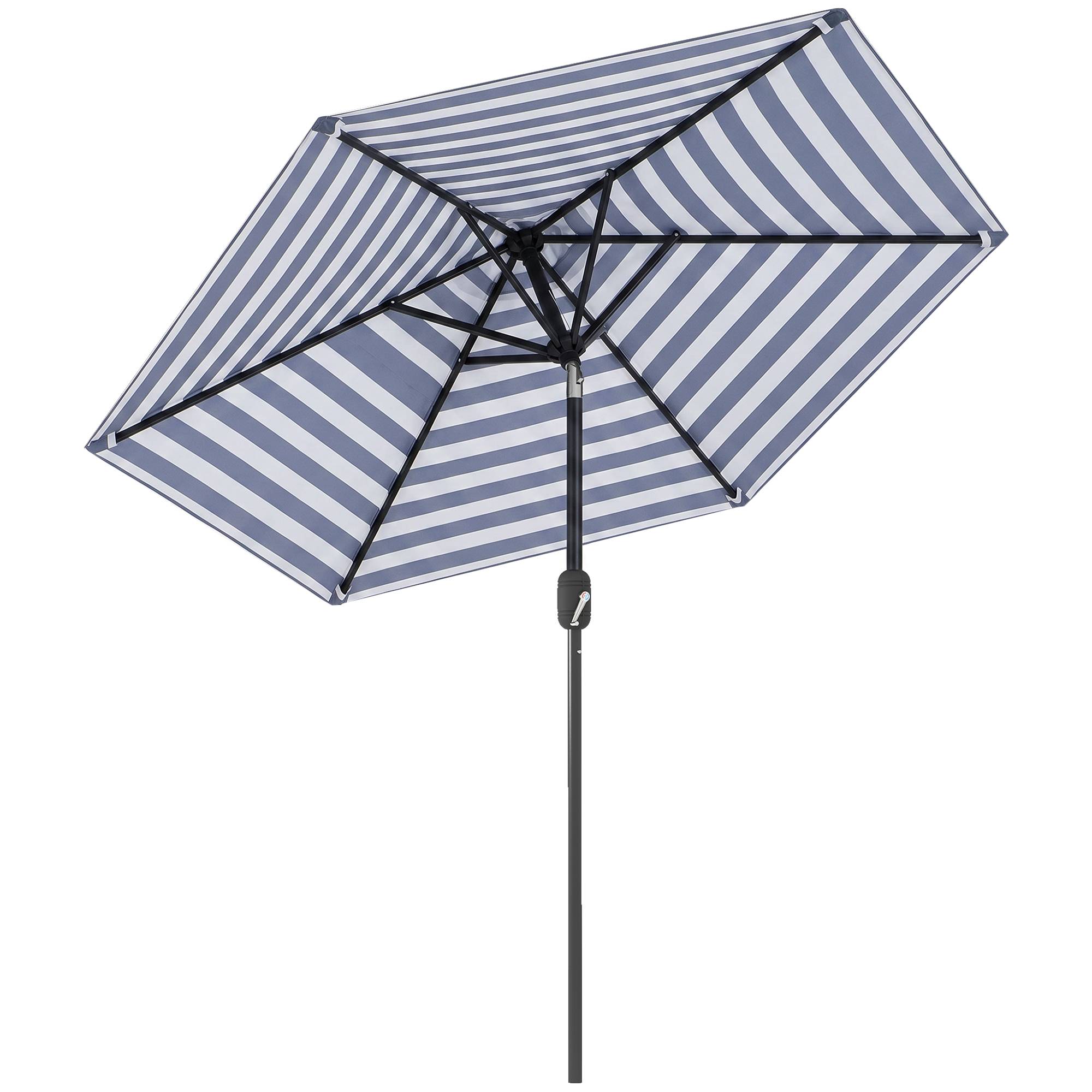 Parasol de jardin Ø230 x 216 cm, ouverture manuelle, angle réglable et imperméable, pour terrasse et piscine, bleu et blanc.