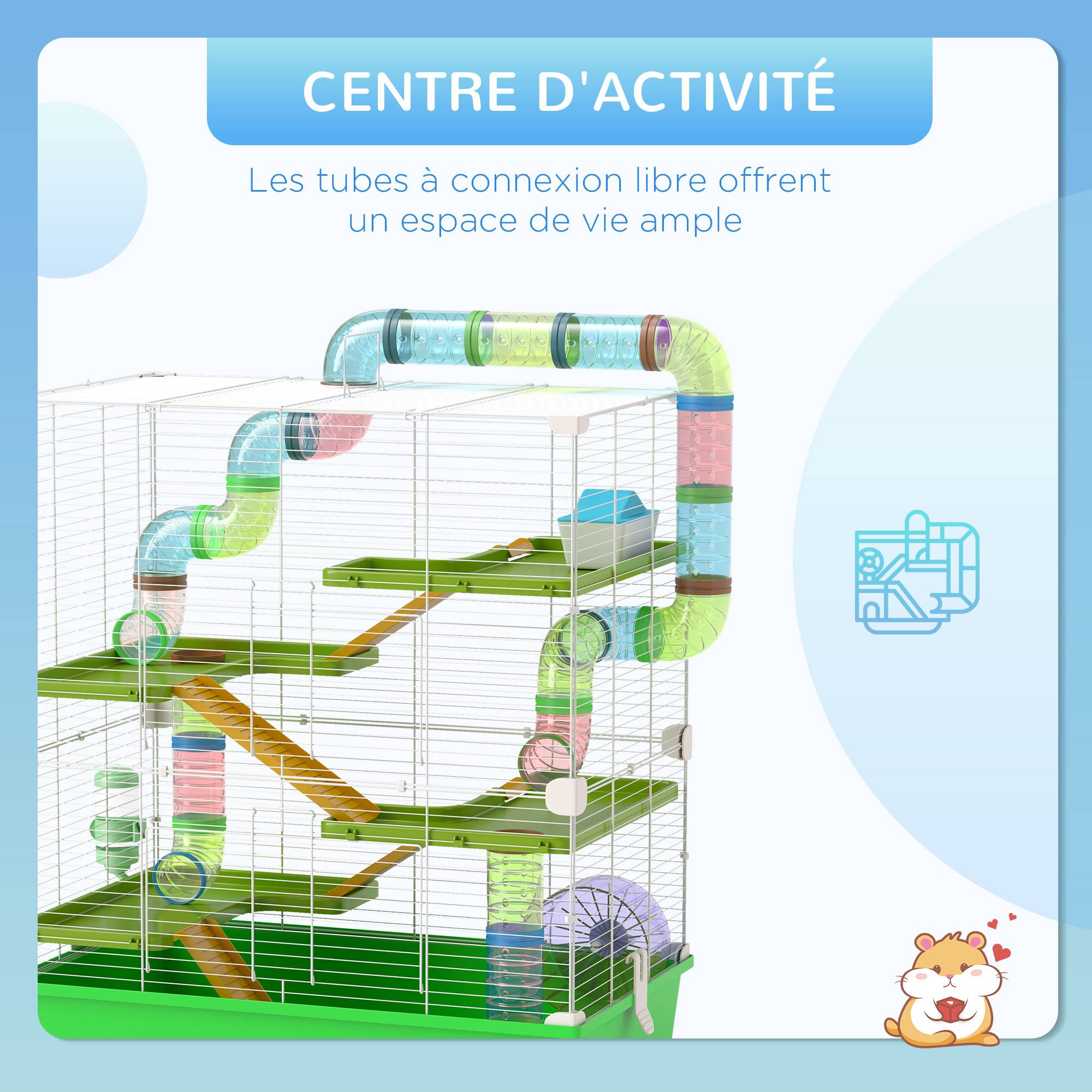 Grande cage hamster acier pour rongeurs 5 niveaux avec tunnel et roue 59x36x69cm vert - ComfortXL Outdoor Living - Image 6