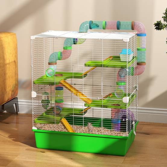Grande cage hamster acier pour rongeurs 5 niveaux avec tunnel et roue 59x36x69cm vert - ComfortXL Outdoor Living - Image 3