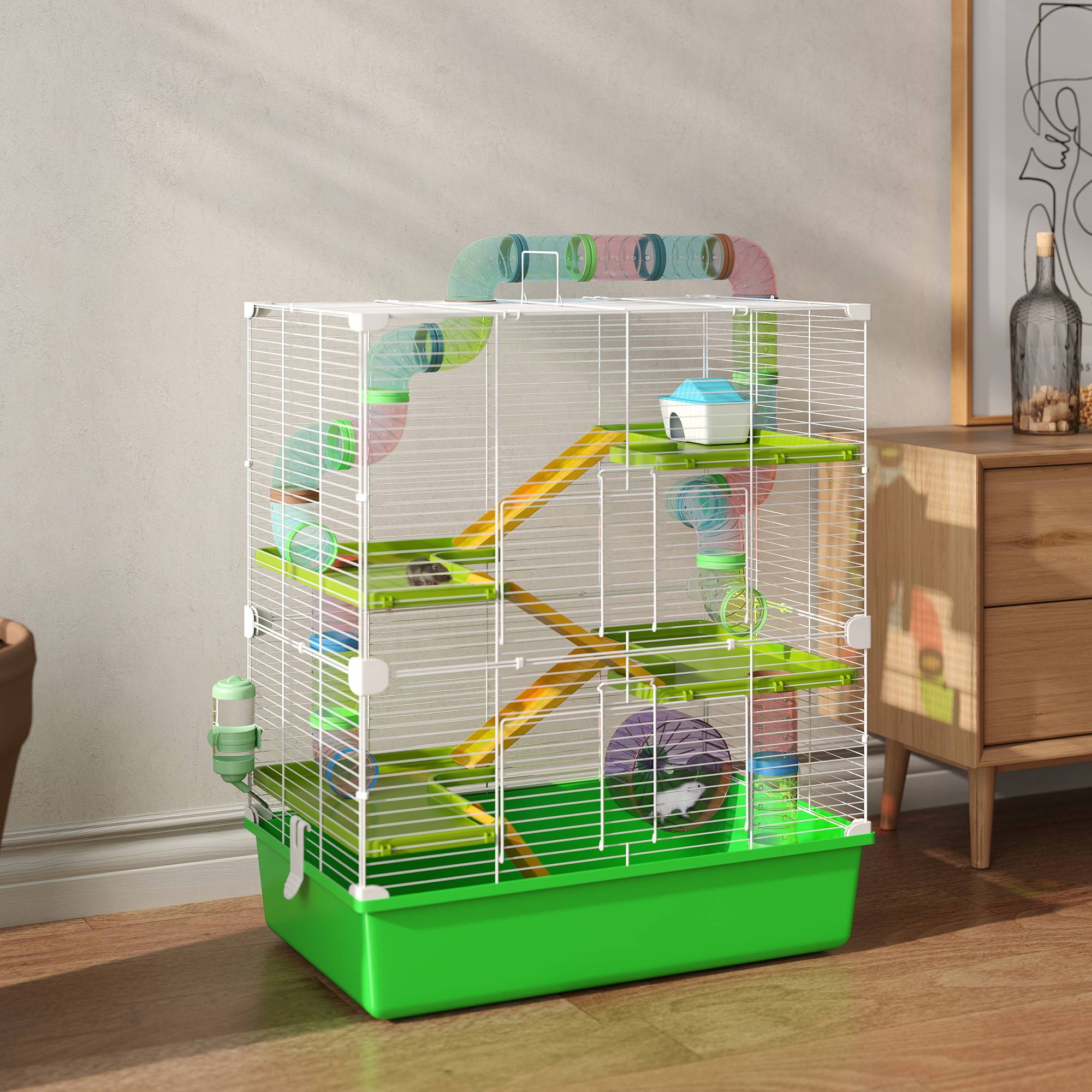 Grande cage hamster acier pour rongeurs 5 niveaux avec tunnel et roue 59x36x69cm vert - ComfortXL Outdoor Living - Image 4