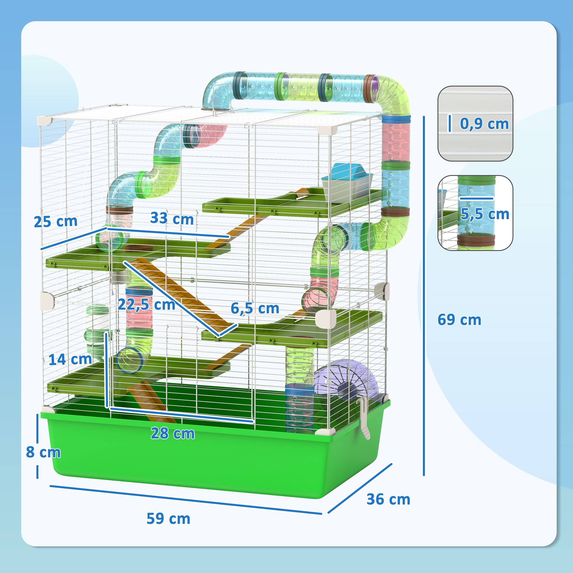 Grande cage hamster acier pour rongeurs 5 niveaux avec tunnel et roue 59x36x69cm vert - ComfortXL Outdoor Living - Image 5