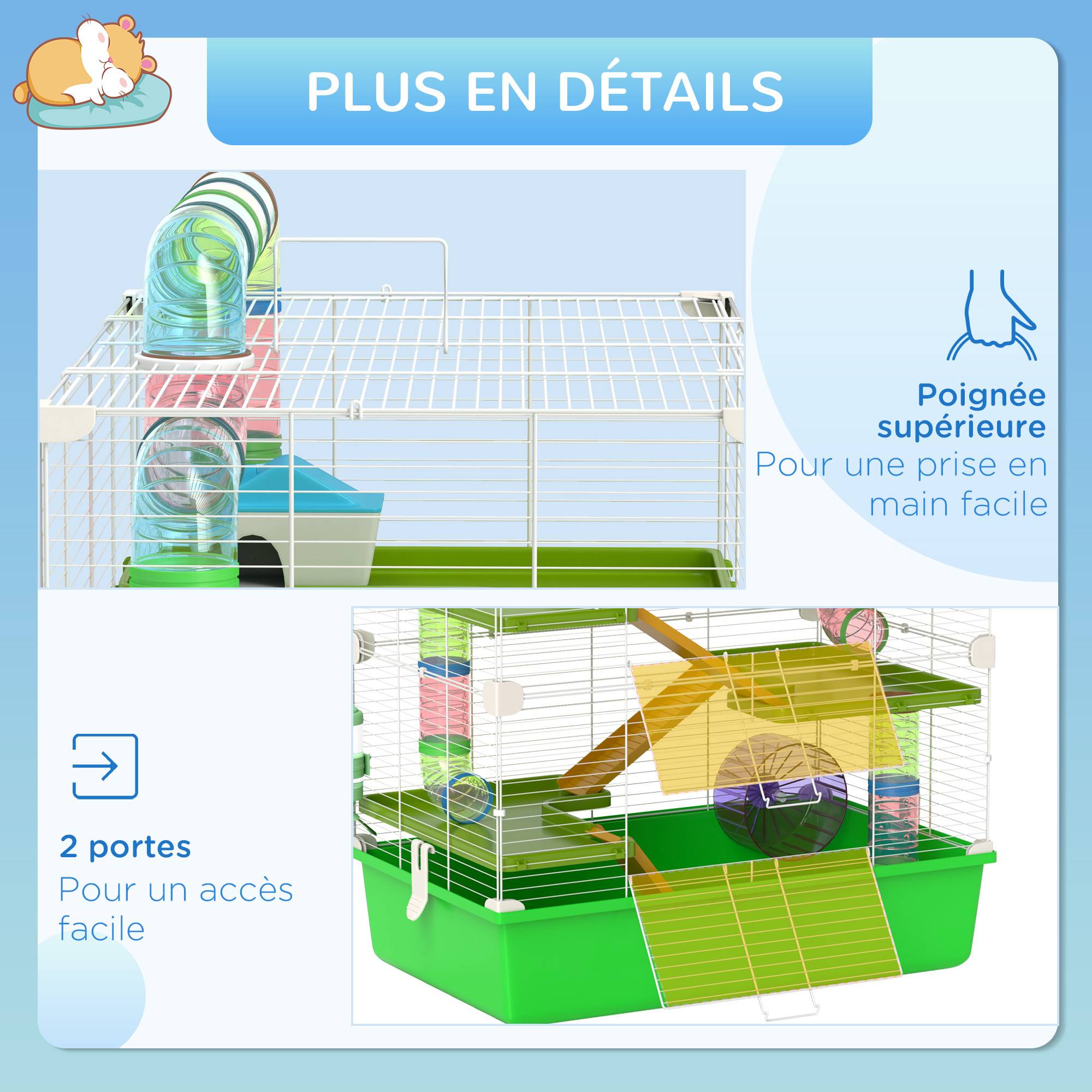 Grande cage hamster acier pour rongeurs 5 niveaux avec tunnel et roue 59x36x69cm vert - ComfortXL Outdoor Living - Image 9