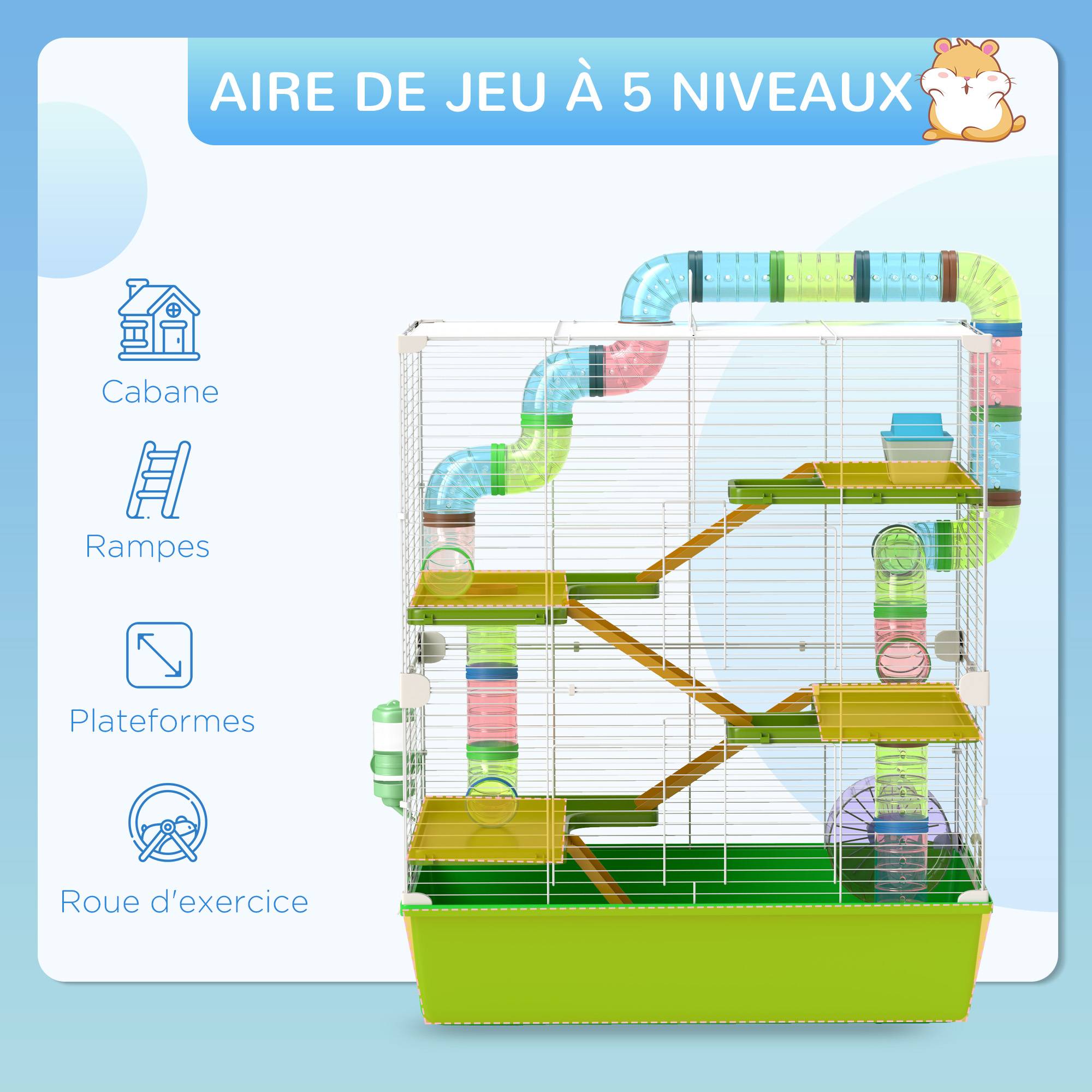 Grande cage hamster acier pour rongeurs 5 niveaux avec tunnel et roue 59x36x69cm vert - ComfortXL Outdoor Living - Image 8