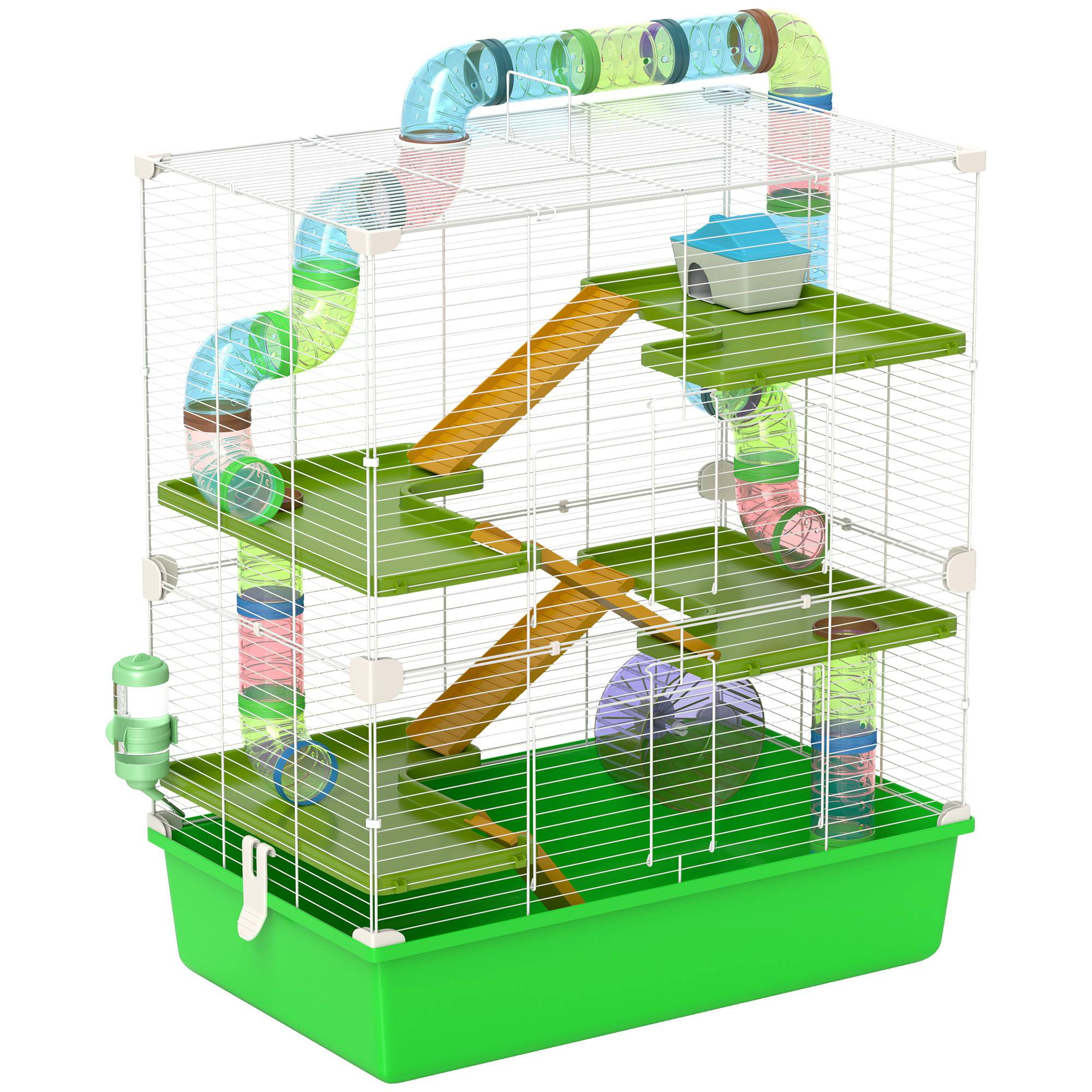 Grande cage hamster acier pour rongeurs 5 niveaux avec tunnel et roue 59x36x69cm vert - ComfortXL Outdoor Living - Image 1