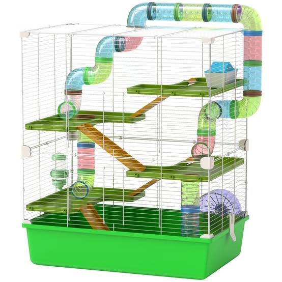 Grande cage hamster acier pour rongeurs 5 niveaux avec tunnel et roue 59x36x69cm vert - ComfortXL Outdoor Living - Image 2